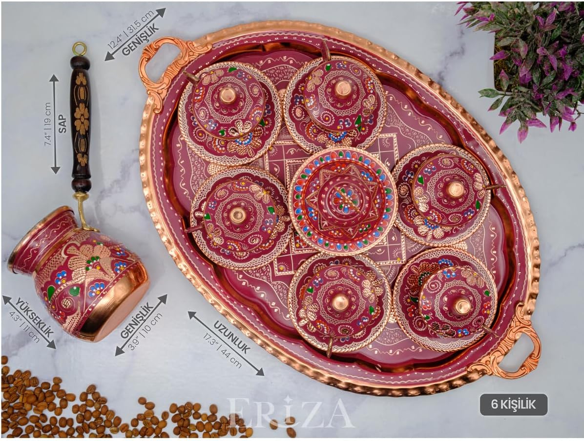 SODEF Embossed Copper Coffee Cup Set for Two with Tray, Turkish Delight Bowl, Coffee Pot, Lilac Porcelain - Lilac
