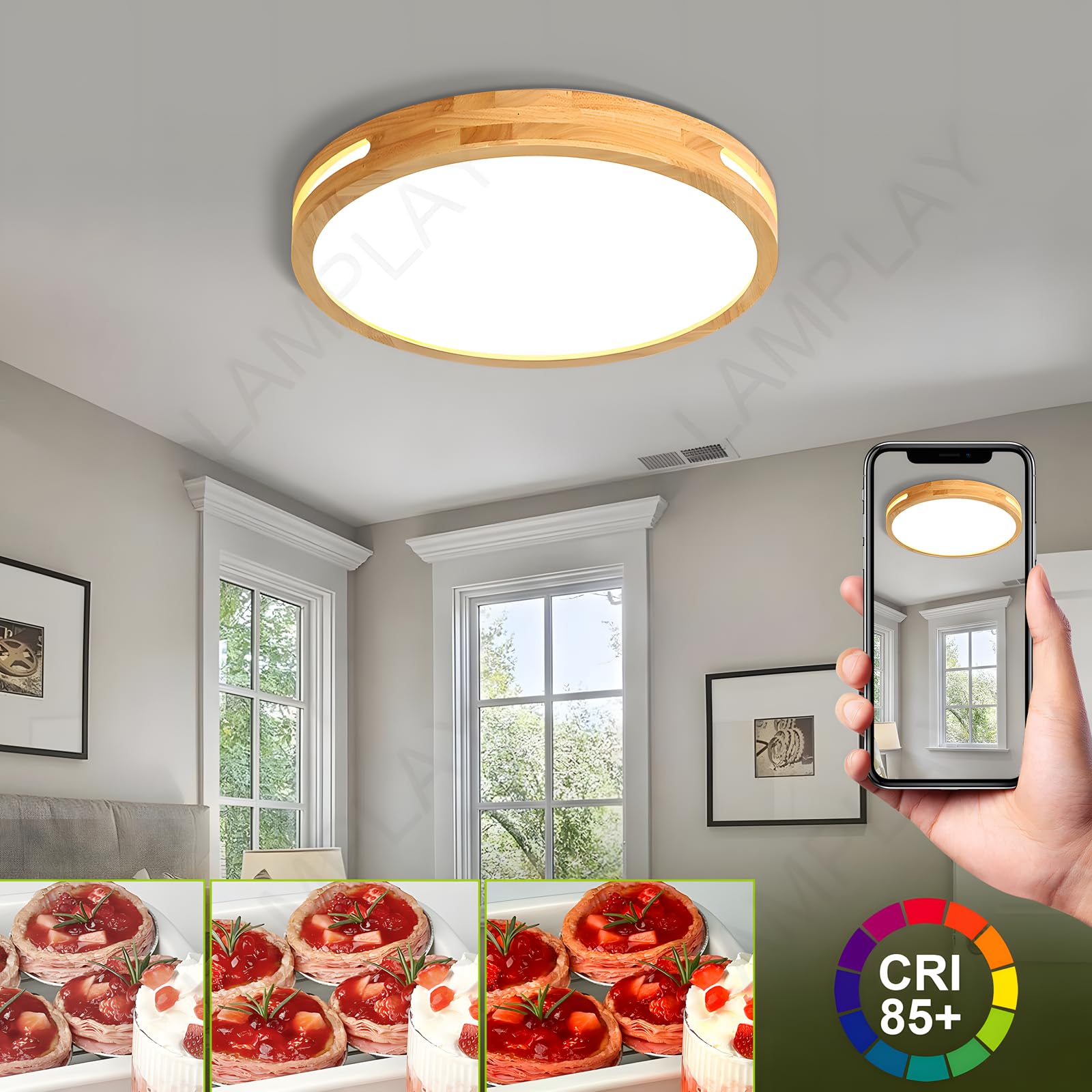 Lámpara De Techo Redonda De Madera, Ø40cm, Lámpara LED Regulable, Madera Natural Original, Control Remoto, 3000K-6000K, 30W, Diseño Hueco Lateral, Ideal Para Dormitorio Sala De Estar Estudio