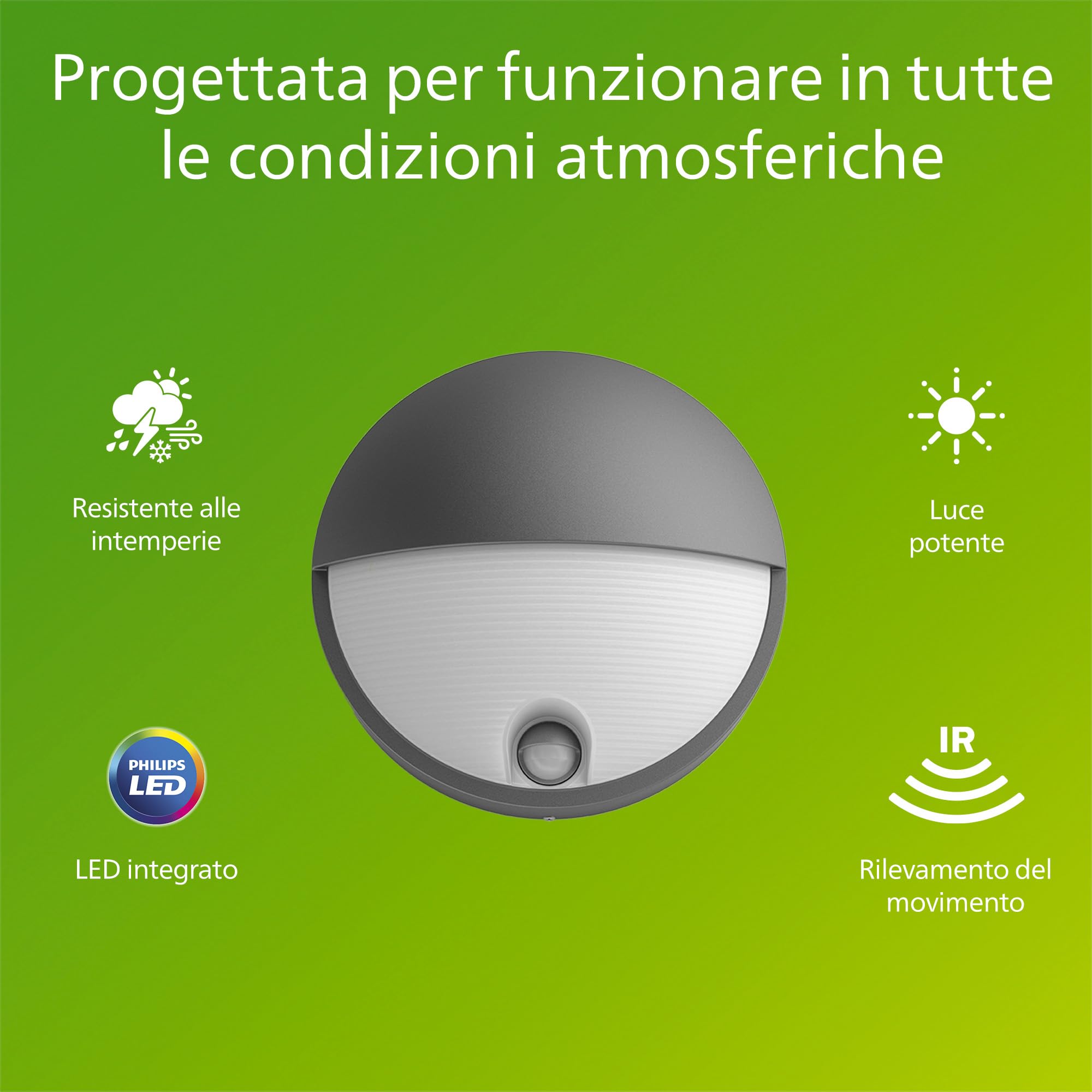 PHILIPS Capricorn Applique da Esterno, 700 lm, Luce Bianca Calda 2700 K, IP44 Resistente alle Intemperie, Durevole, Alluminio, incl. Sensore di Movimento, Grigio Antracite