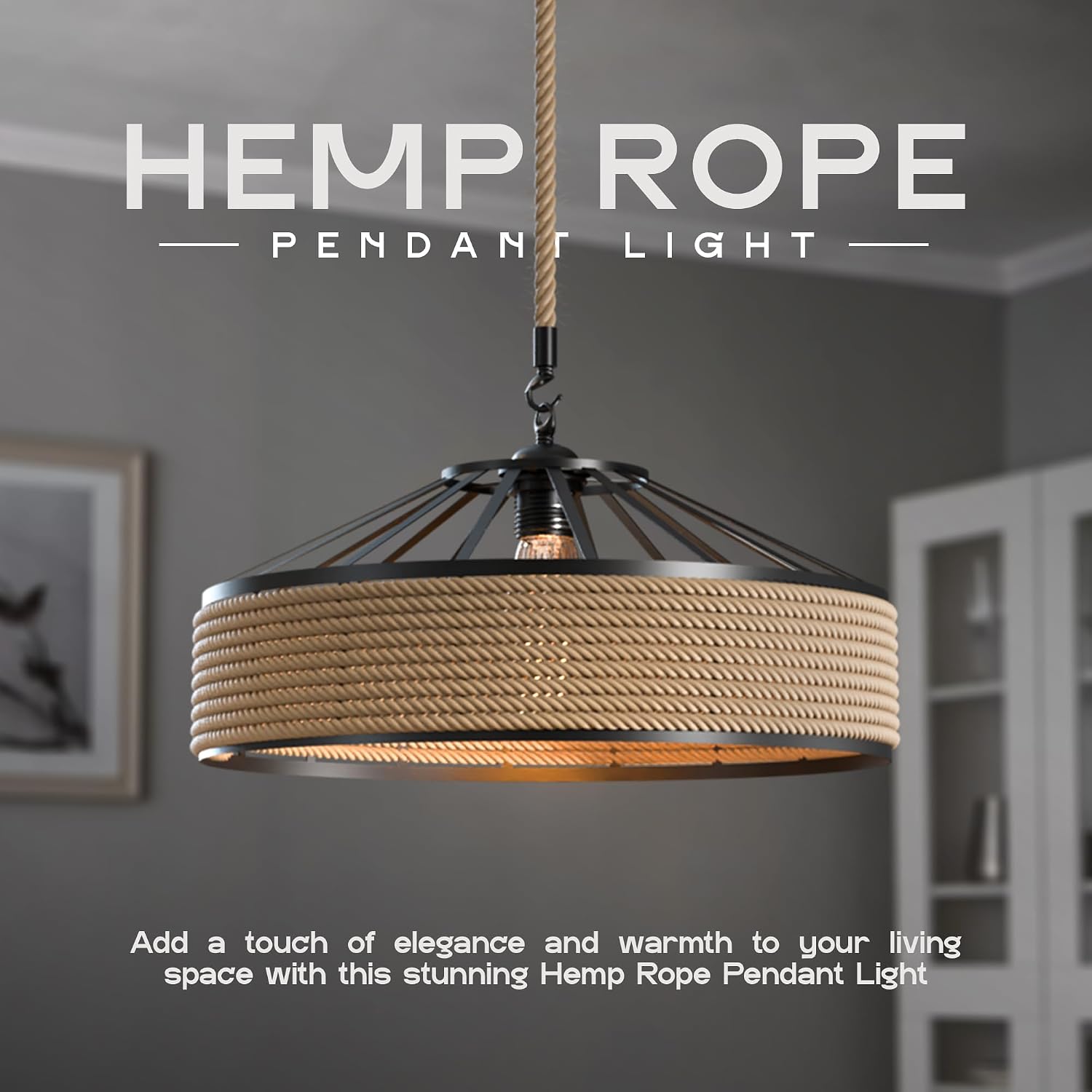 Industrial Metal & Rope Pendant Light,30cm Retro Hemp Rope Black Ceiling Lampshade with 1m Adjustable Rope Pendant Lamp Shade for Living Room Bedroom Kitchen Hallways Floor Lamp (1 Pack)