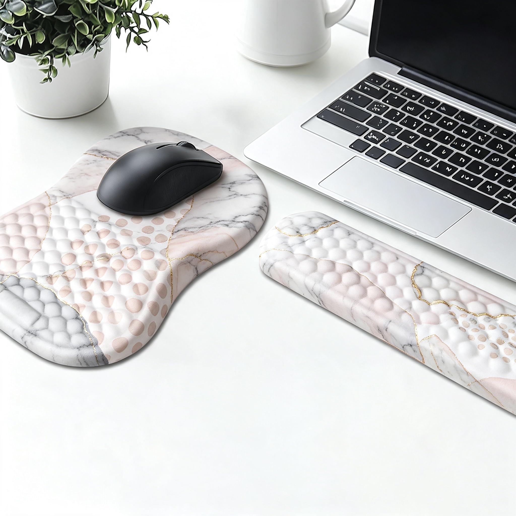Alfombrilla ergonómica para mouse y reposamuñecas para teclado, túnel carpiano para computadora con juego de posavasos, alfombrilla de mouse de espuma viscoelástica con base de poliuretano