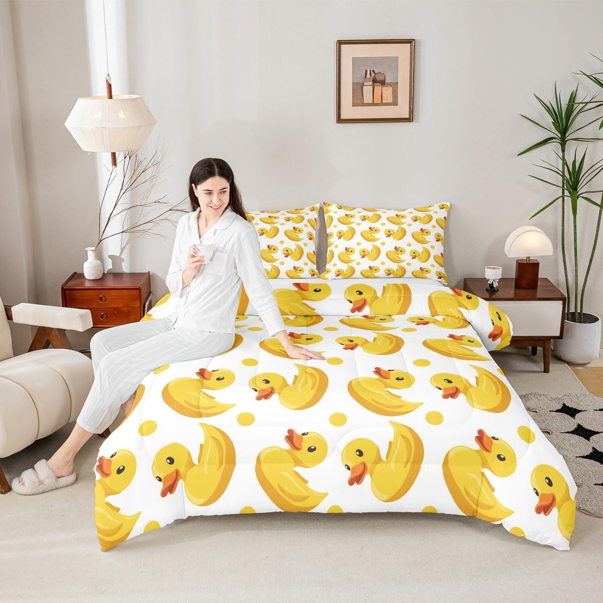 Erosebridal Kids Cartoon Duck Bedding Set Full Size Boys Girls Cute Yellow Duck Comforter Set Funny Rubber Ducks Bed Sets Cartoon Farm Animal Duvet Quilt Sets