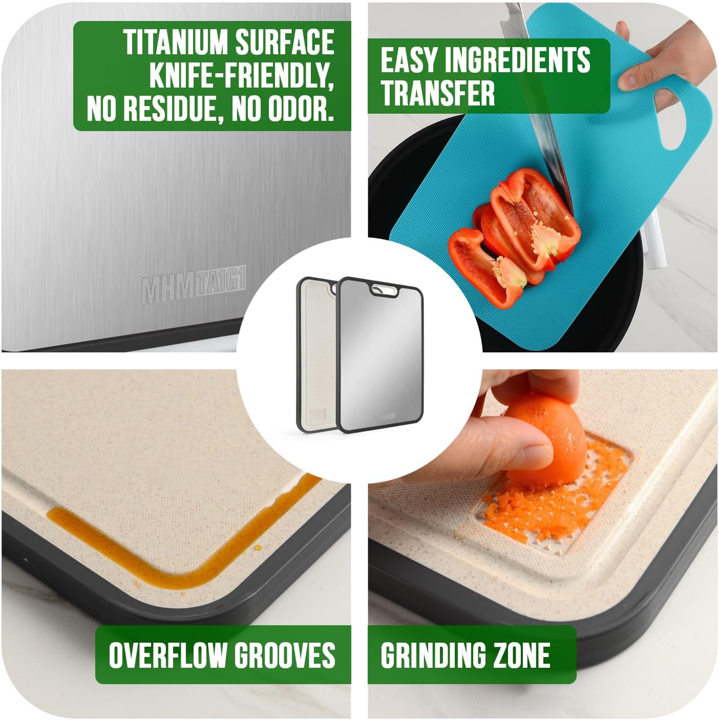 Titanium Cutting Board for Kitchen, Cutting Board Double Sided Food Grade, Pure Titanium and Wheat Straw PP, Easy to Clean Large Size 16”×11”