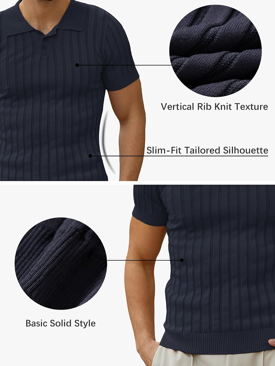 Les umes Mens Short Sleeve Polo Shirts Vertical Rib Knit Casual Shirt Slim Fit Summer Golf Outdoor Shirts