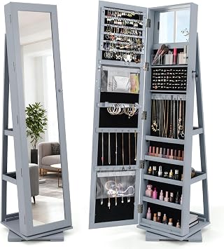 360 Rotating Jewelry Organizer with Mirror, 3-In-1 Lockable Jewelry Mirror Cabinet, Large Standing Jewelry Armoire for Makeup, Full Length Mirror with Jewelry Storage, Bedroom Gray