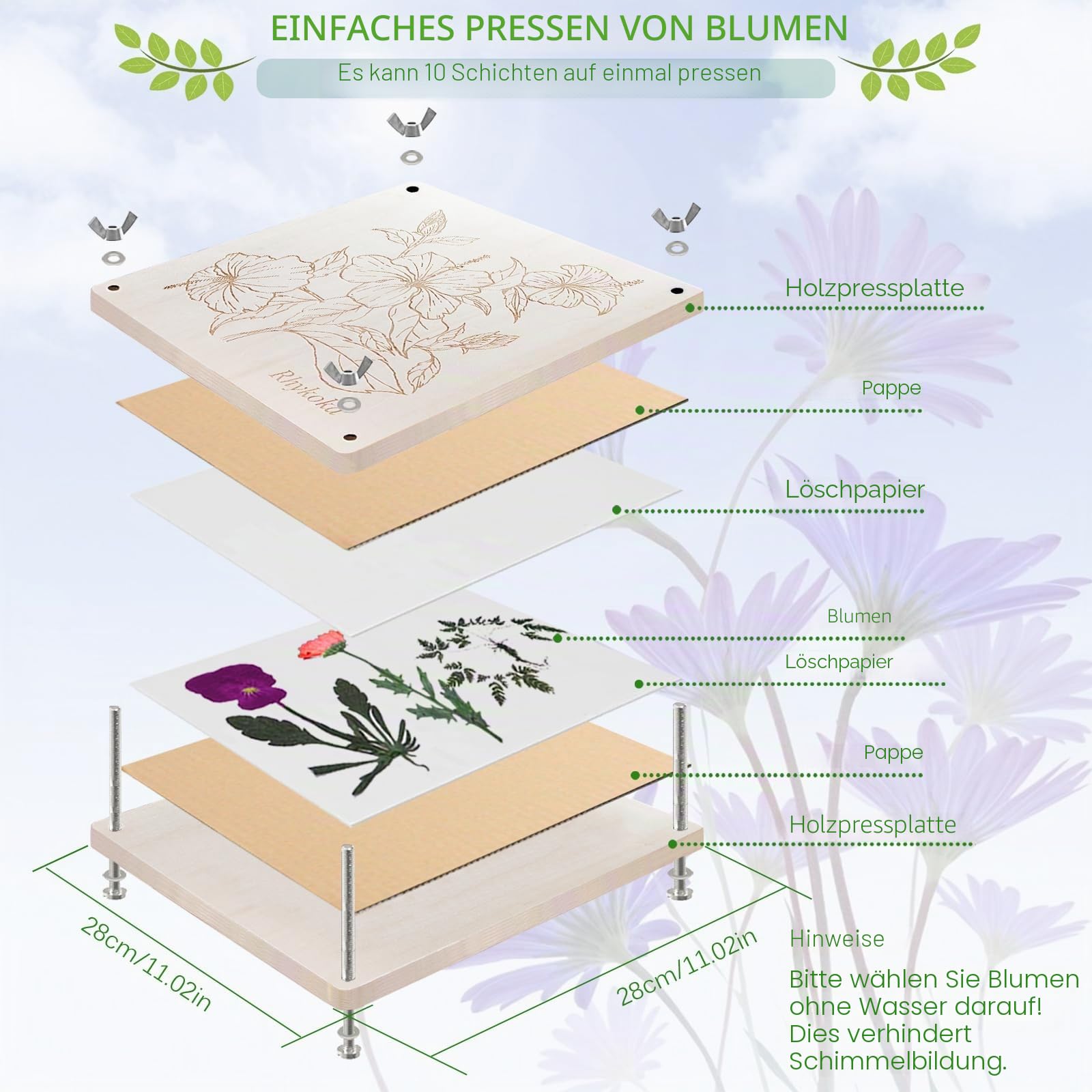 Rhykoka Extra große Blumenpresse, 10 Schichten, 28 x 28 cm, Holzblumen-Pressset für Erwachsene, mit Aufbewahrungstasche, Geschenk für Bastel-Liebhaber (Holz)