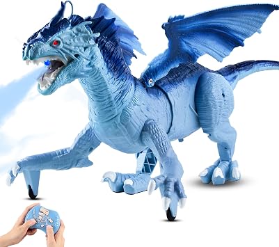 Remote Control Dragon Toy for Kids with 360 Swaying Head, Roaring, Spraying & Light Up - Remote Control Robot Toys for Kids - Birthday, for Boys Girls -Blue