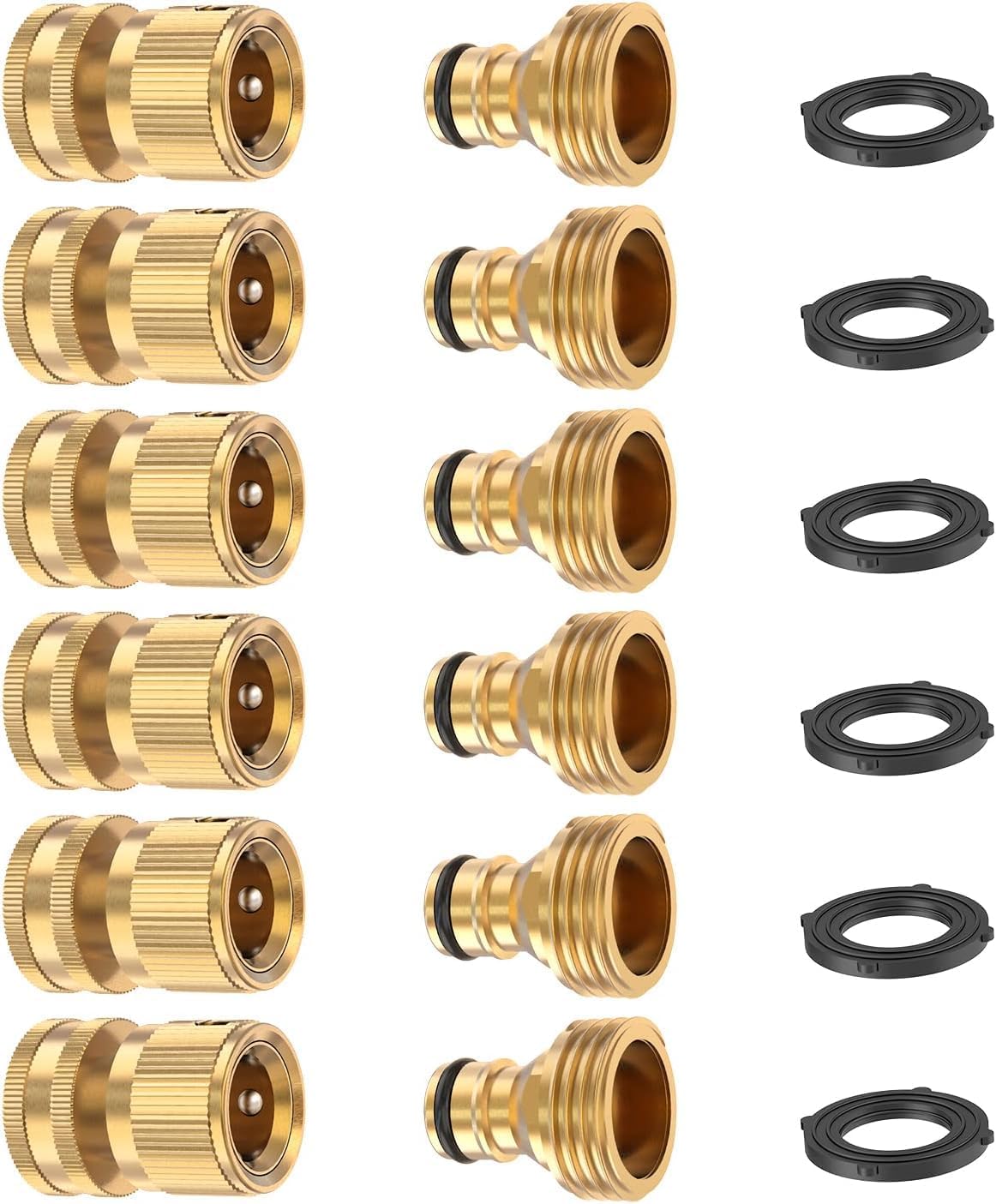 Kesfitt Garden Hose Quick Connect 3/4 Inch GHT Solid Brass Hose Connector Adapter Kit Fitting No-Leak Water Hose Female and Male Adapter (6 Sets)