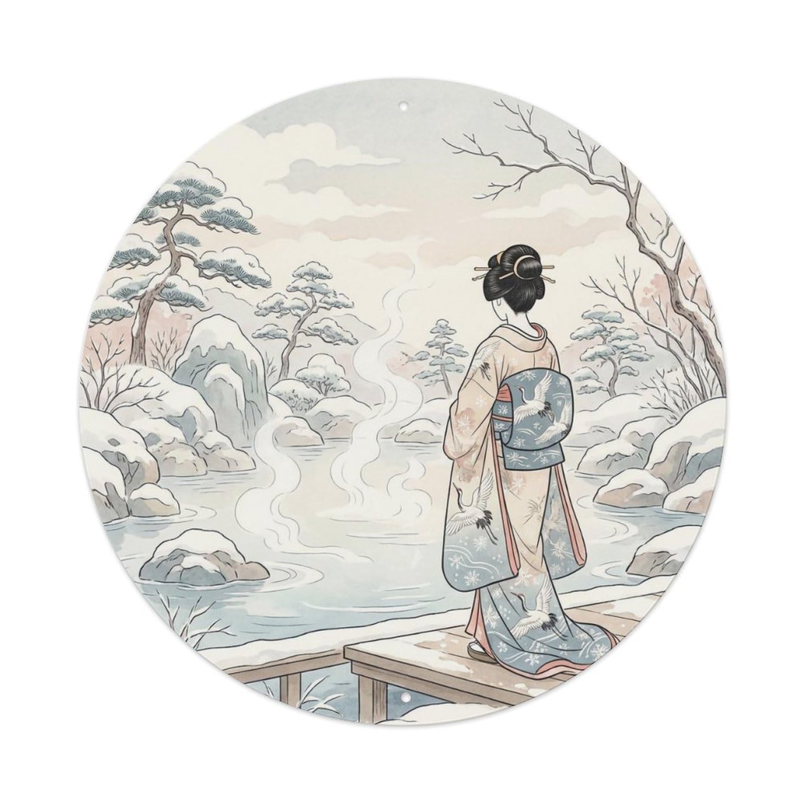 Yrnq 8X8inch Vintage Style Japanese Geisha Hot Spring Snow Scenery Winter View Metal Tin Sign