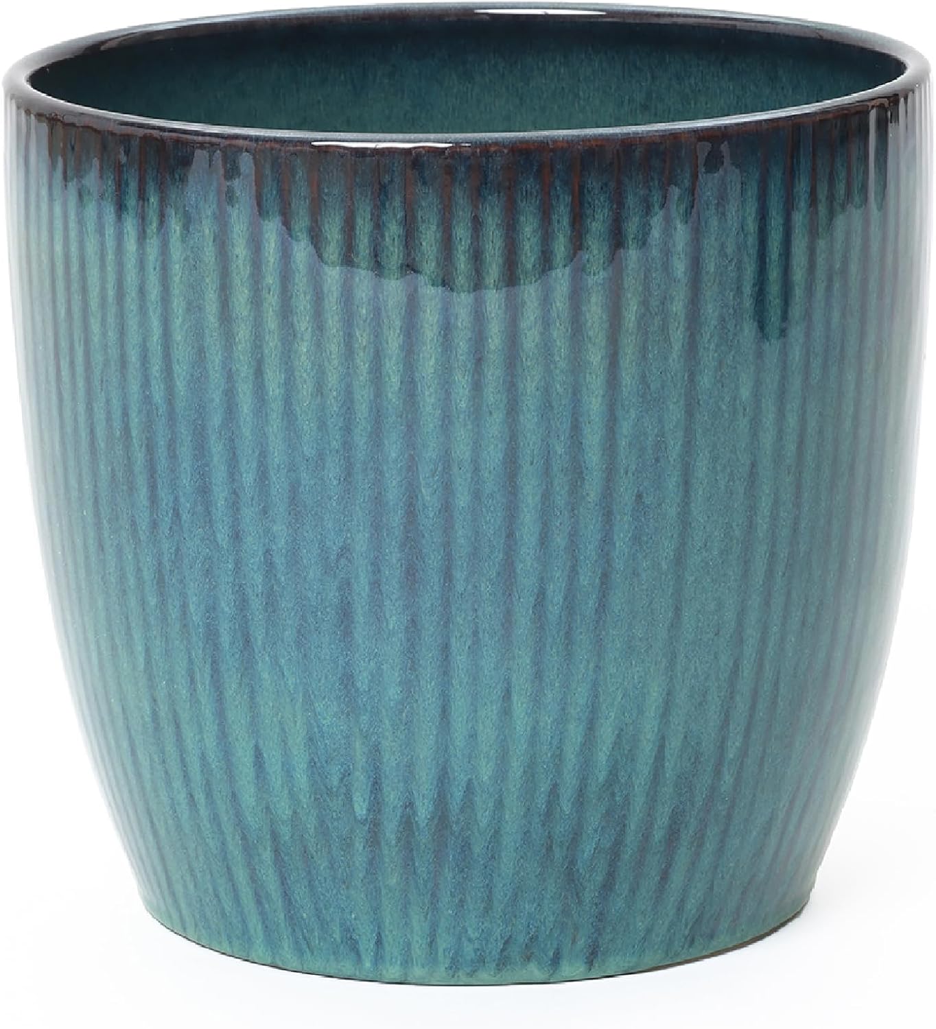 LuxenHome 11.5" Dia Ceramic Pot for Pants, Modern Glossy Green Ribbed Gradient Glazed Planter Pot with Draiange Hole and Rubber Plug, Large Round Ceramic Plant Pots for Home Garden Patio