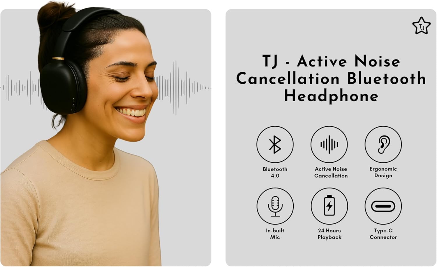 TJ Active Noise Cancellation Bluetooth Over Ear Headphones | Supersoft Leather Wireless Headset Wired Built-in MIC 24H Playtime High Res Audio Travel/Work/Students/Running/Gym(Black) - Image 2