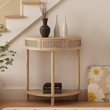 Wnutrees Rattan Half Moon Console Table, Modern Entryway Table with Drawer, Boho Sofa Table with Bottom Storage Shelf, Small Semicircular Tables for Hallway, Living Room, Natural