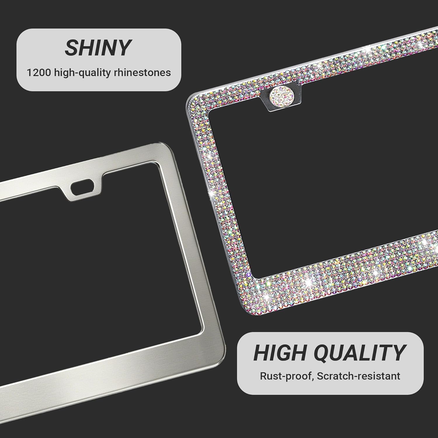 Shering 2 Pack Bling License Plate Frames for Women, Stainless Steel, 1200pcs Rhinestone Sparkly Diamond, Handmade Bedazzled Cover (ABCo)