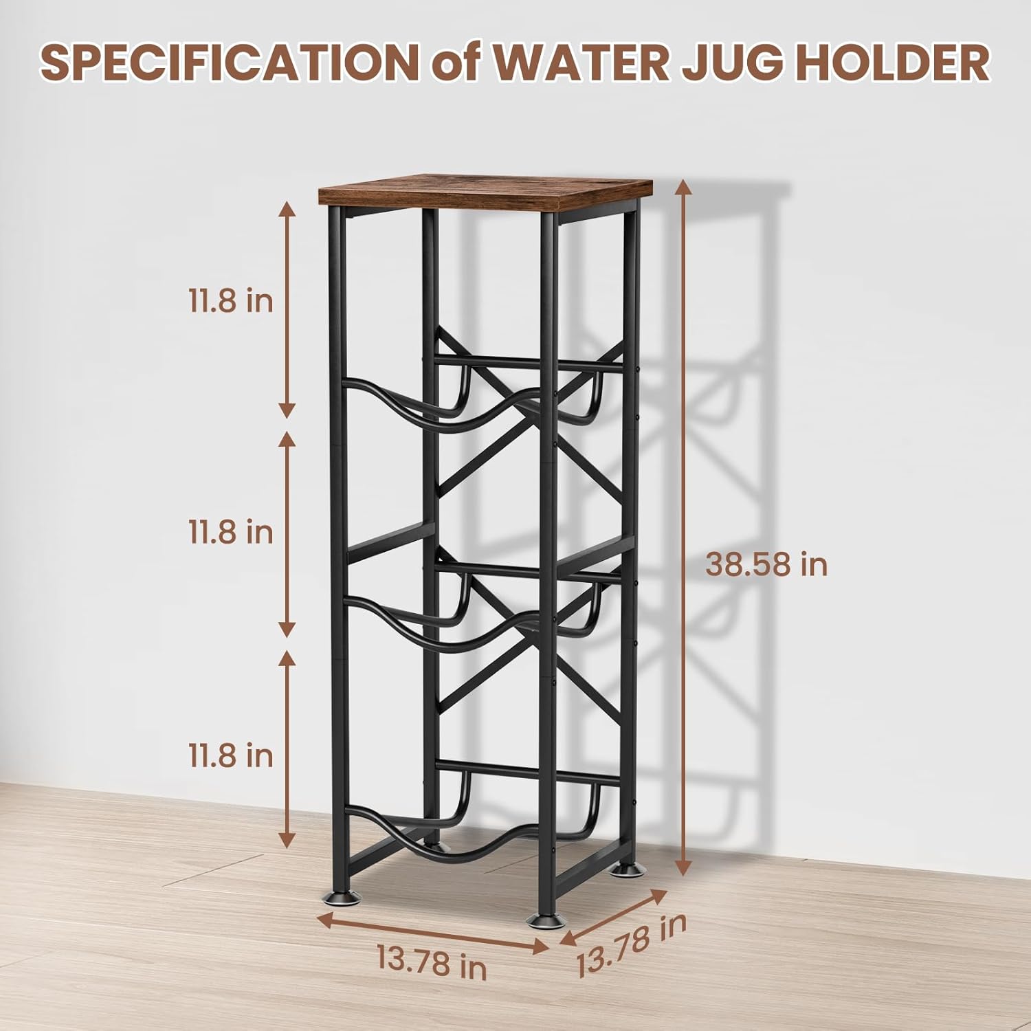 5 Gallon Water Jug Holder, 3-Tier Water Bottle Holder with Wood Top Shelf, Heavy Duty Water Cooler Jug Rack, Water Dispenser Storage Stand for Kitchen Office and Living Room - Image 3