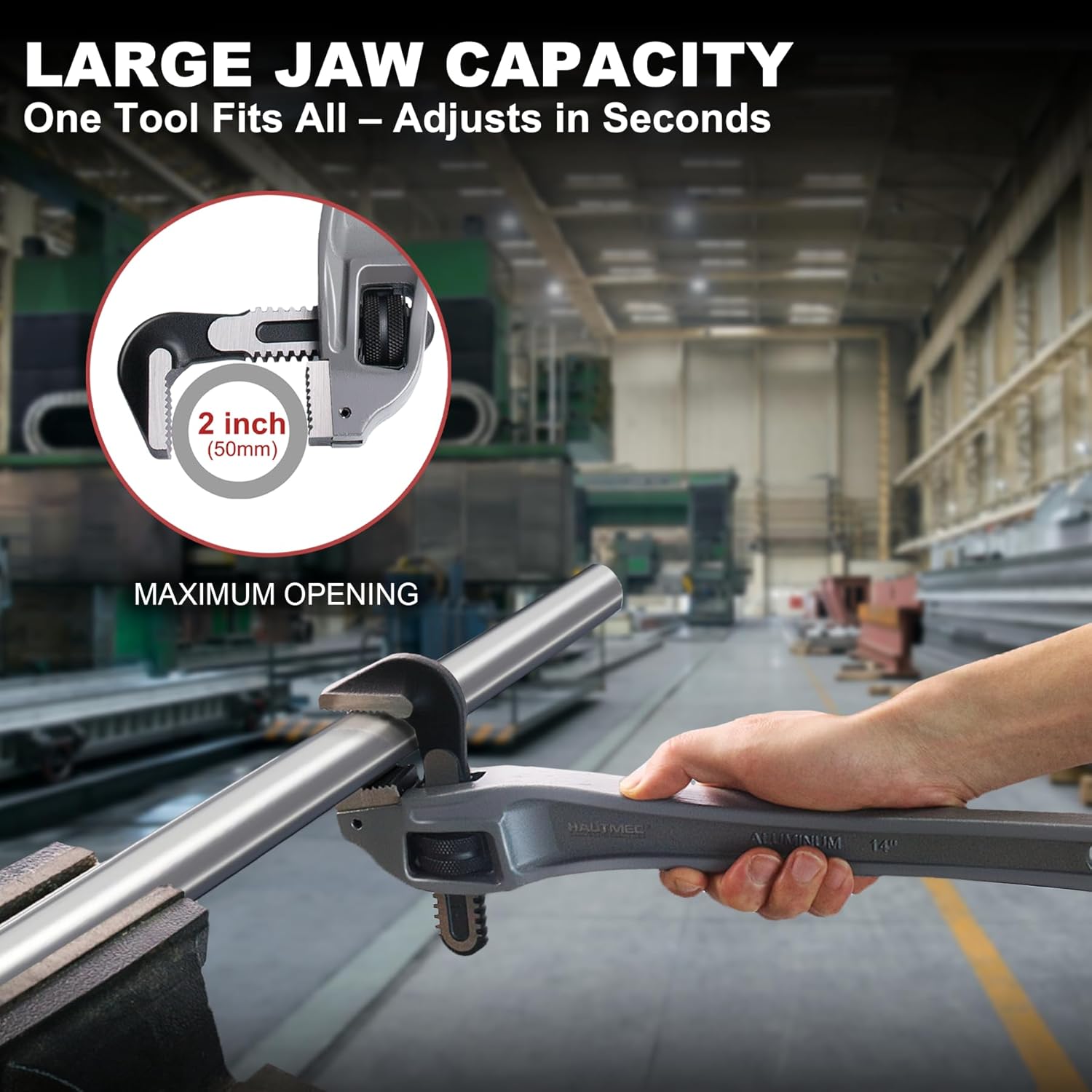 HAUTMEC 14 Inch Aluminum Offset Pipe Wrench, Heavy Duty Adjustable Plumbing Wrench, 2" Jaw Capacity, 40% Lighter Drop Forged Construction, for Use in Tight Spaces HT0189