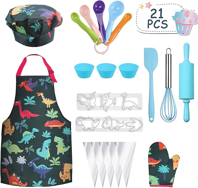 Anpro Children's Cooking Baking Set Role-Plays for Kid Aged +6, Blue Dinosaur Theme Chef Hat Gloves Apron, Cookie Mold Set,Toys for Boys and Girls