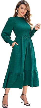 VintageClothing Womens Casual Fall Midi Dresses Long Sleeve Crew Neck High Waist Smocked Flowy Tiered Long Dress with Pockets