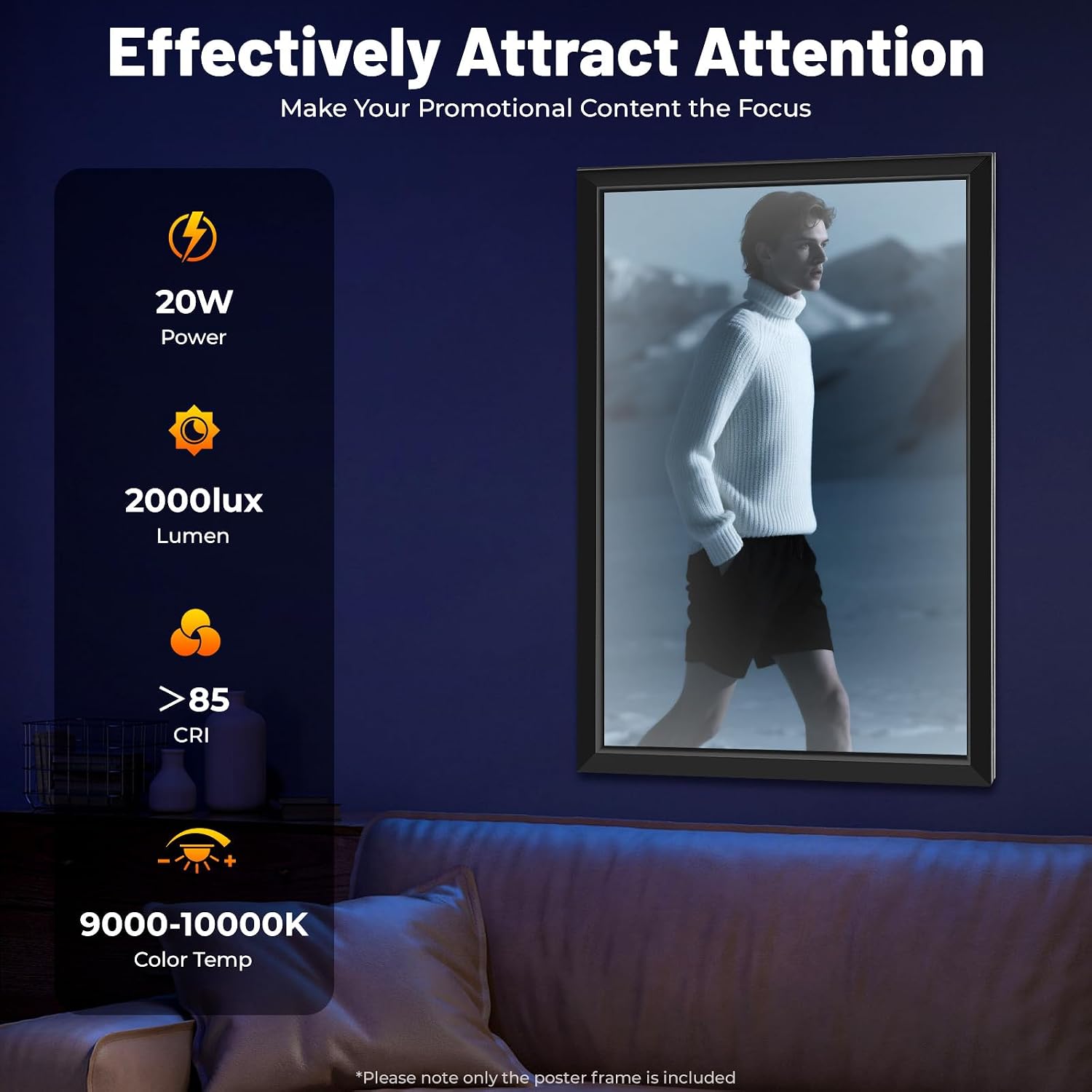 24x36 Inch LED Movie Poster Frame with 2000Lux Brightness, Wall-Mounted Light Box for Home Theater & Business Advertising, Sandblasting Aluminum Alloy, Black (60x91cm)