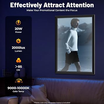 LED Movie Poster Frame, 23.6 x 35.8 Inch Modern LED Flip Design Poster Frame, Wall Mounted LED Advertising Display Backlit Box for Movie Poster, Advertising Display, Business Signs (Silver)
