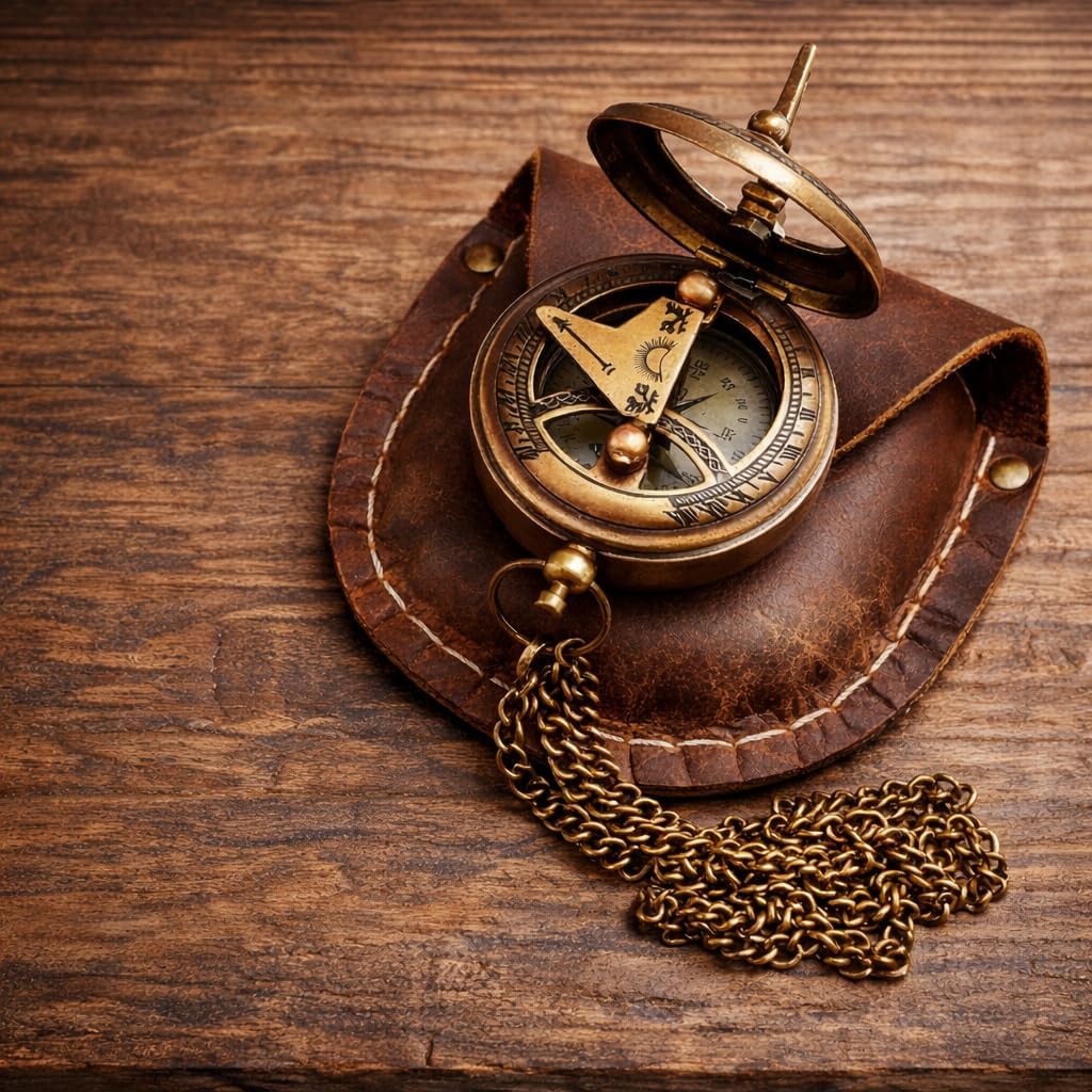 Brass Sundial Pocket Compass with Leather Case & Chain – Vintage Antique Style Push Button Compass – Handmade Nautical Gift for Men Women – Birthday Wedding Anniversary for Him Her