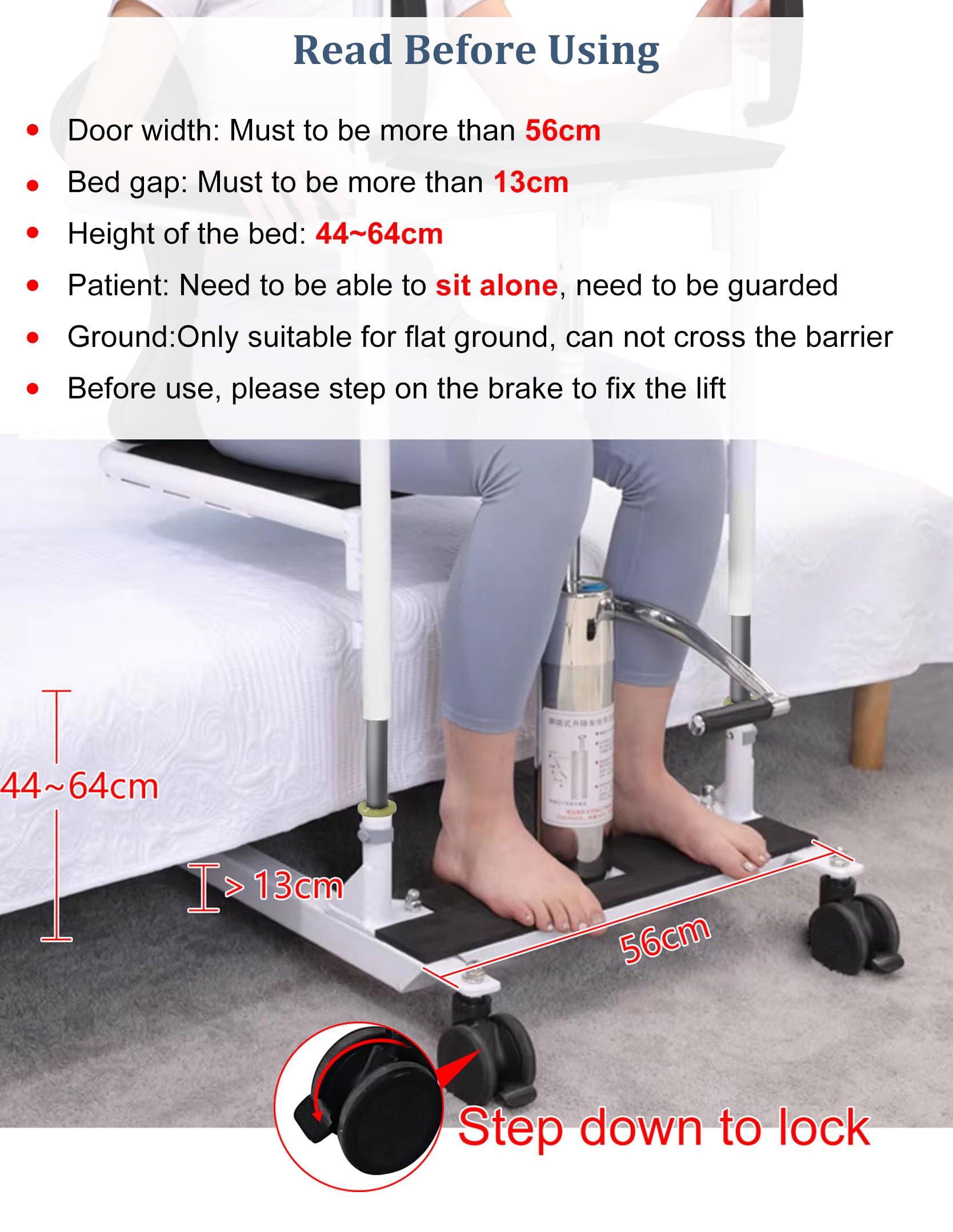 Grúa Hidráulica para Pacientes, Asiento Abatible a 180°, Silla de Enfermería 4 en 1, Silla de Ruedas de Transporte, Altura de Elevación Ajustable, Elevación de Cama a Ducha/Baño/Auto