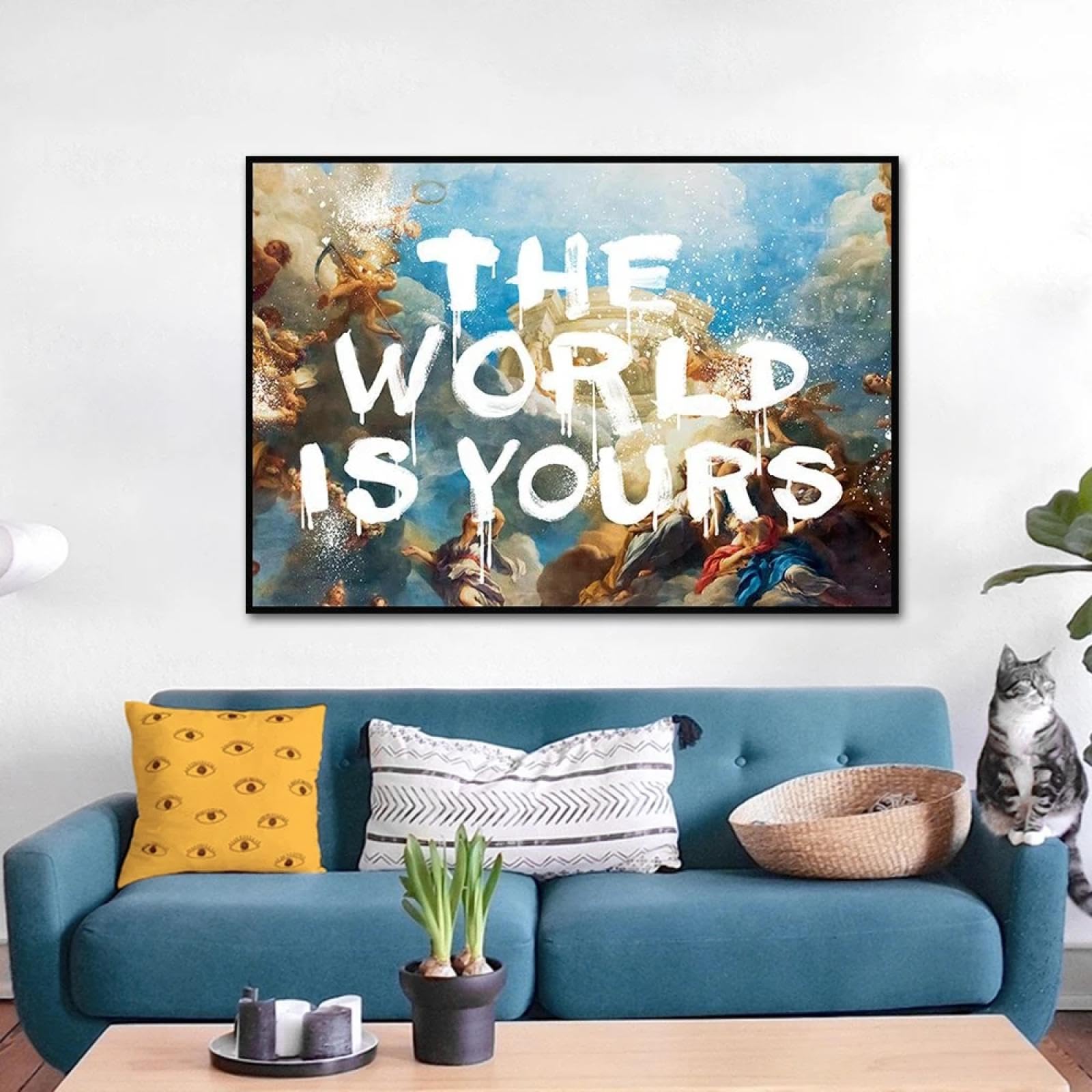 BMGKYAGL Pósteres retro El mundo es tuyo, lienzo, decoración para sala de estar, 80 x 120 cm, marco