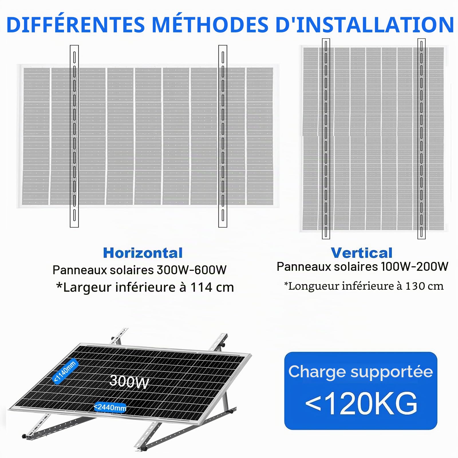 1 ensemble de supports de montage de panneau solaire réglables de 114,3 cm avec pieds inclinables pliables, convient pour 1 à 2 panneaux solaires de 100, 200, 300, 400, 500 W pour toit, camping-car