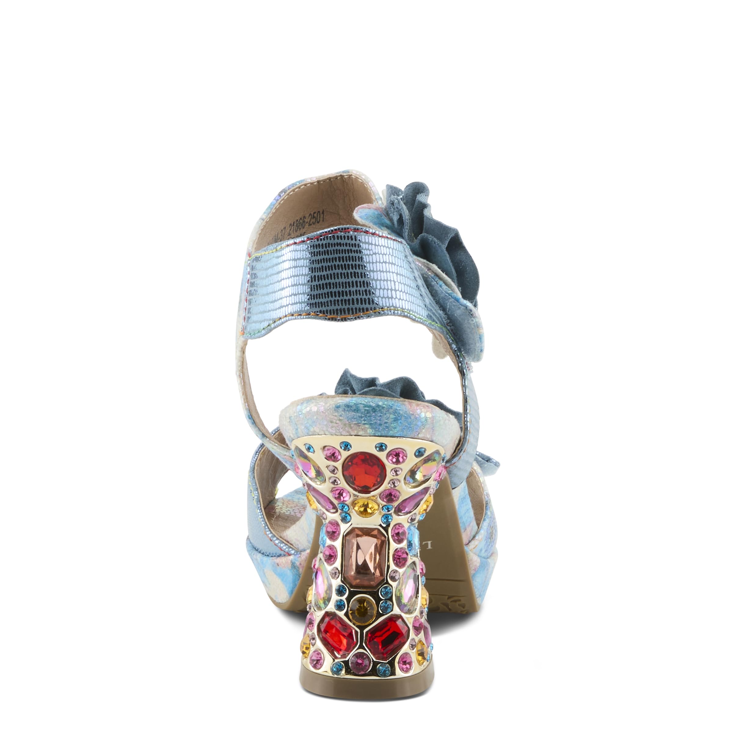 Spring Step L'Artiste Women's SMASHING Metallic Leather Sandals - Opulent Decorative Flowers, Sculpted Jewel Heel, Wearable Art Footwear: 7.5-8 Blue Multi