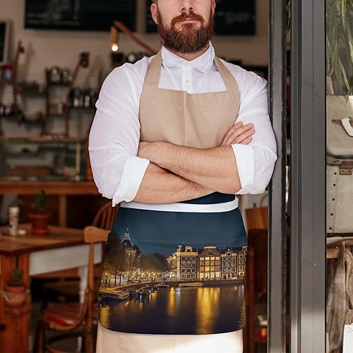 Miniatura 8 de Amsterdam Night View Print Server Aprons with 3 Pockets, Cute Waist Apron, Waterproof Half Apron for Cooking, Painting, Kitchen Baking, Service