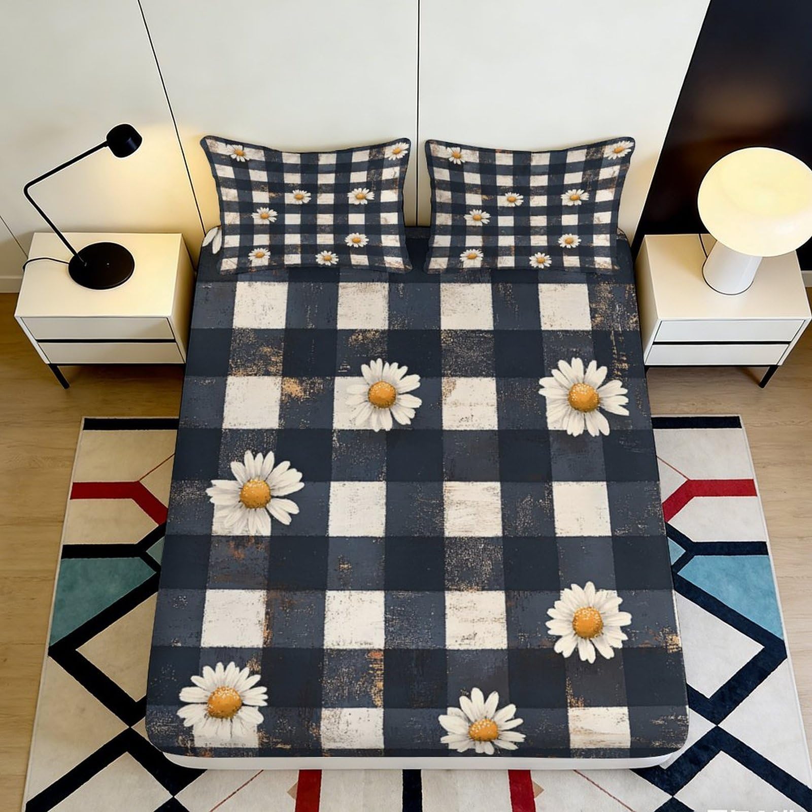 3D Printed Daisy Floral Fitted Sheet Microfiber Soft Breathable Checkered Bed Cover for Bedroom Dormitory Guest Room Mattress Protection Decor 120x200x25cm