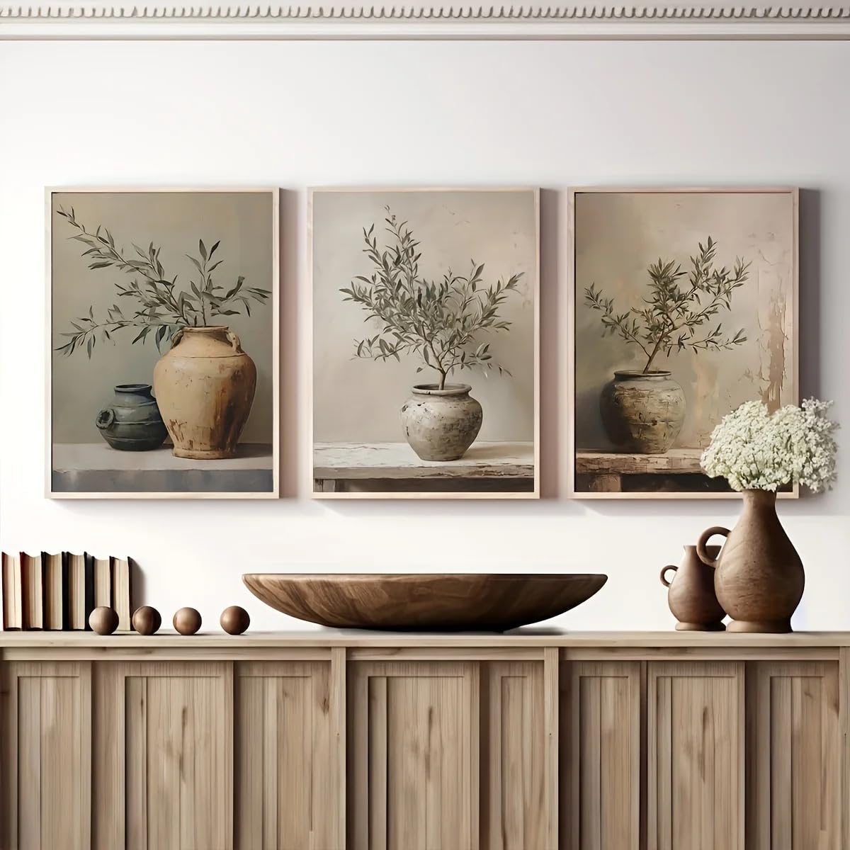 GKUVBF Retro Elegant Olive Tree Vase Wall Art Canvas Printing Poster for Modern Living Room Bedroom Dormitory Home Decor(50x70cmx3/Frameless)