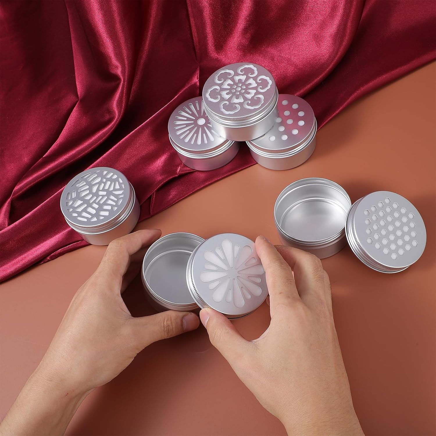 24 Pcs Aluminium Tins Empty Metal Tins with Hollow Lids 6 Style 4 Ounce Round Refillable Spice Tin for Candles Potpourri Travel Storage Silver 2.7 x 1.6 Inch