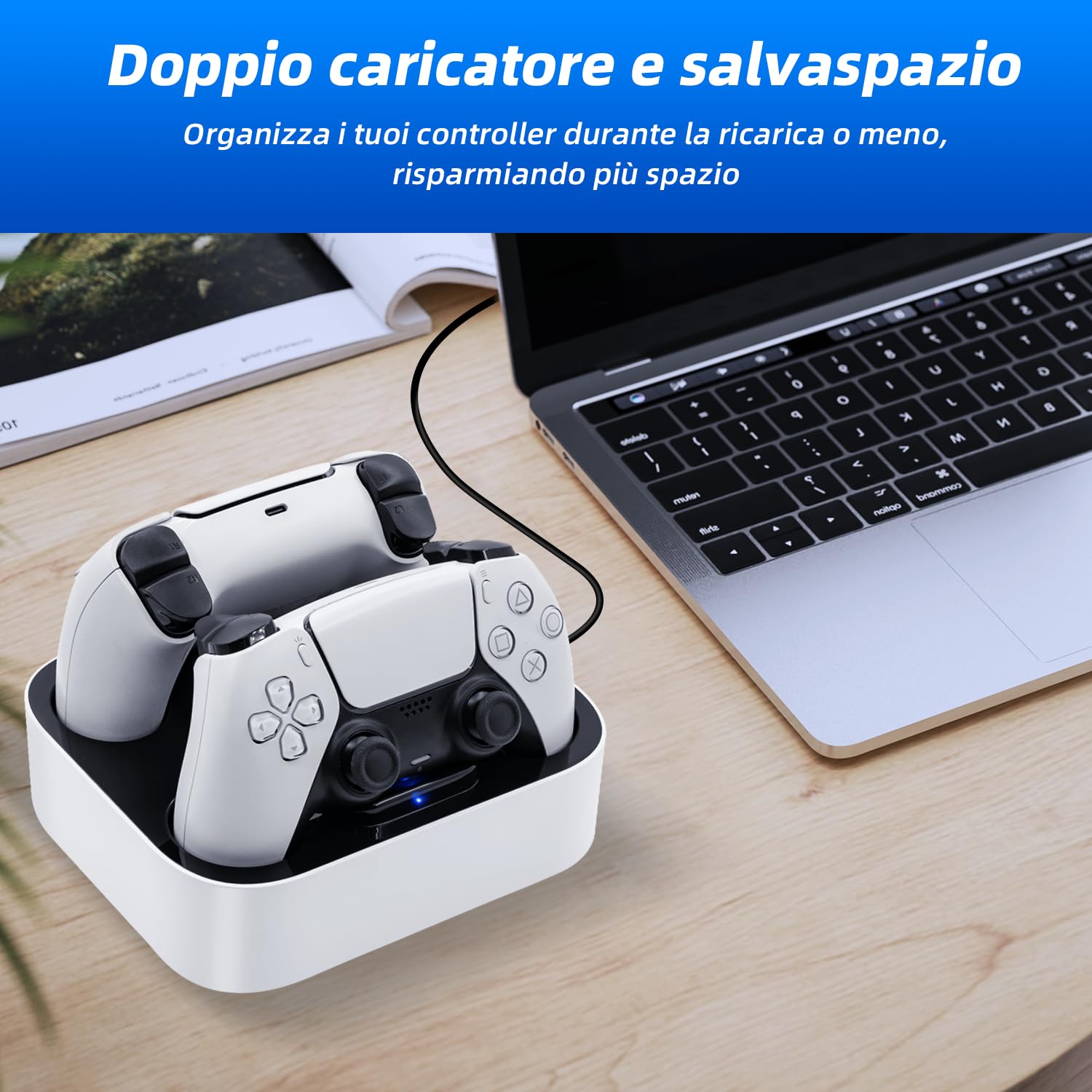 Caricatore Joystick per PS5, Docking Station di Base Ricarica per Accessori per Playstation 5 DualSense Controller con Indicatori Luminosi a LED/Carica Rapida/Protezione da Cortocircuito