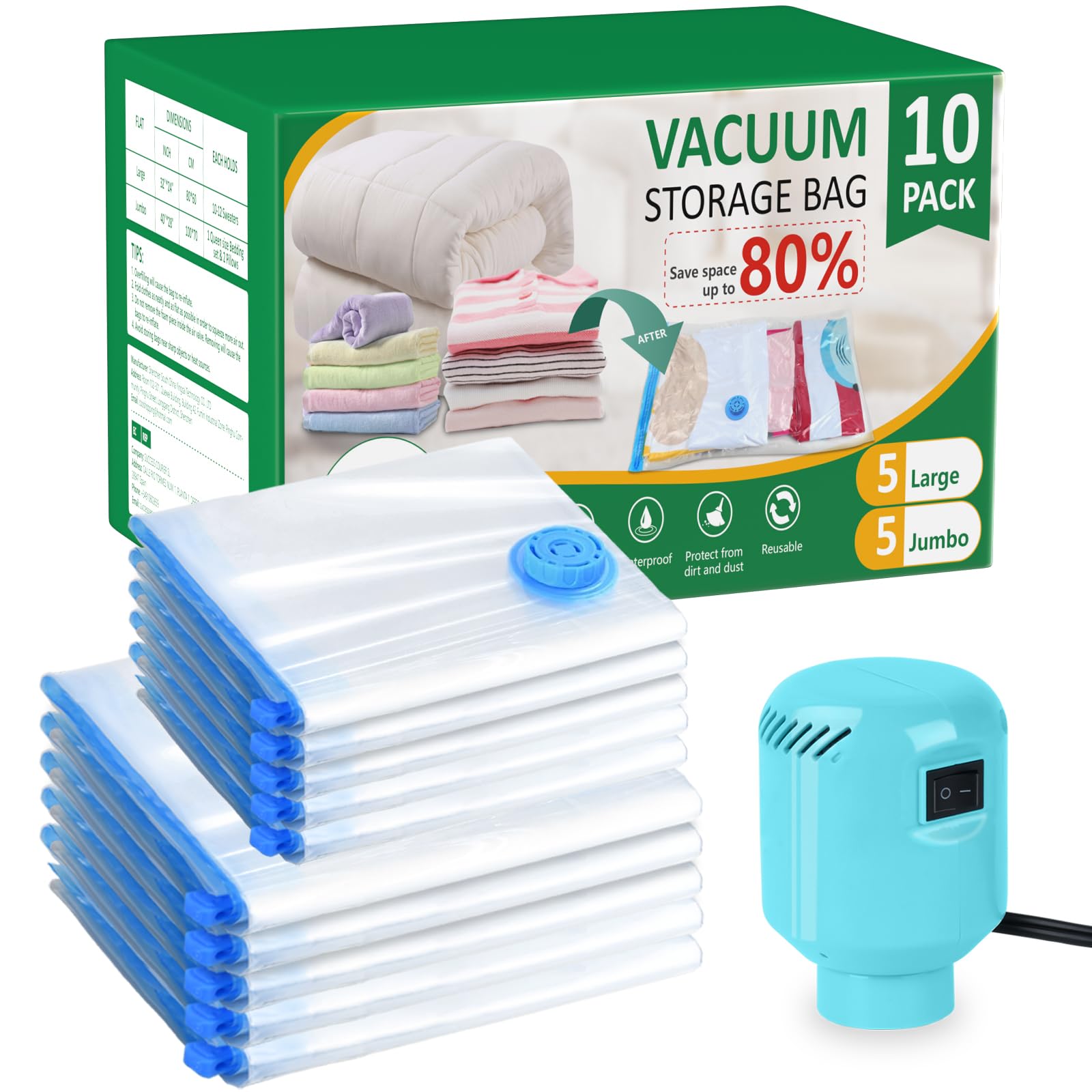 BAMCOO Vacuum Seal Bags for Clothing with Electric Pump, 10 Pack