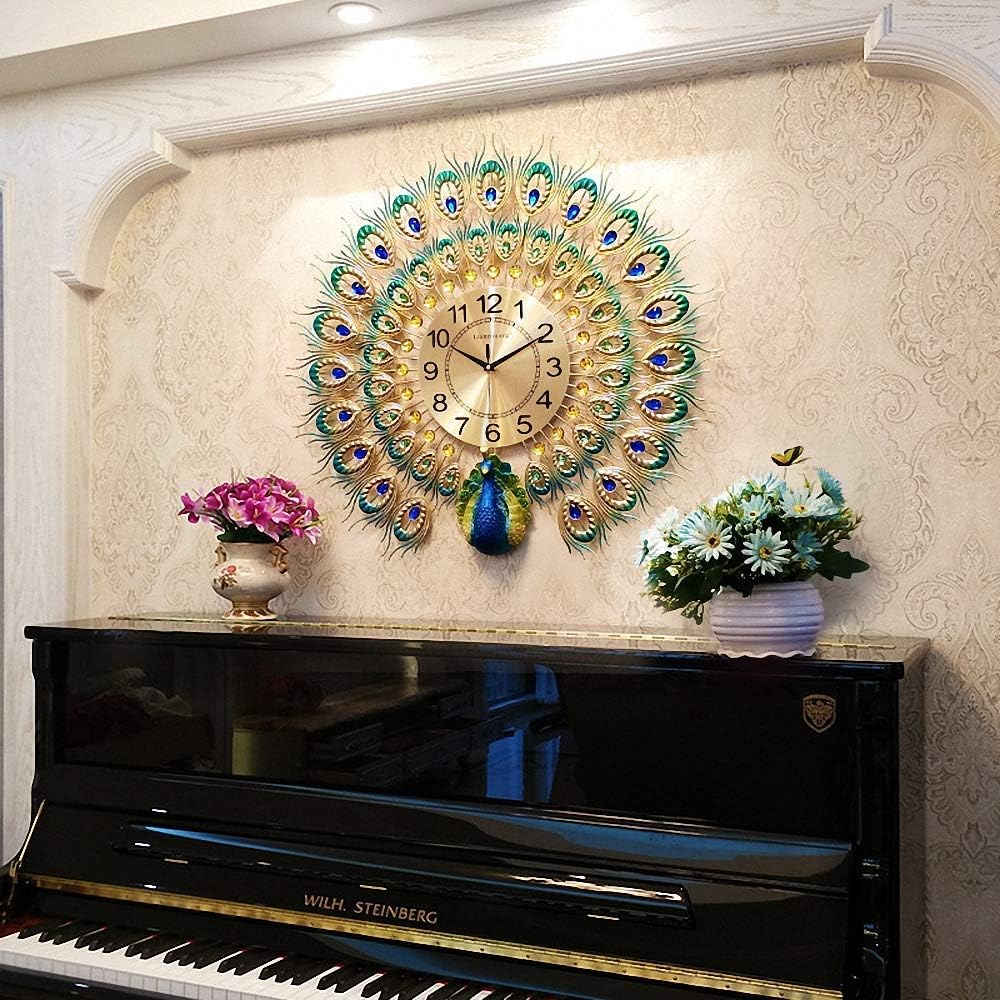 R RUNILEX Large Wall Clock for Living Room Decor,Mid Century Decorative Non-Ticking Silent Luxury Peacock Clock for Dining Room Bedroom (Pickock Clock) 4