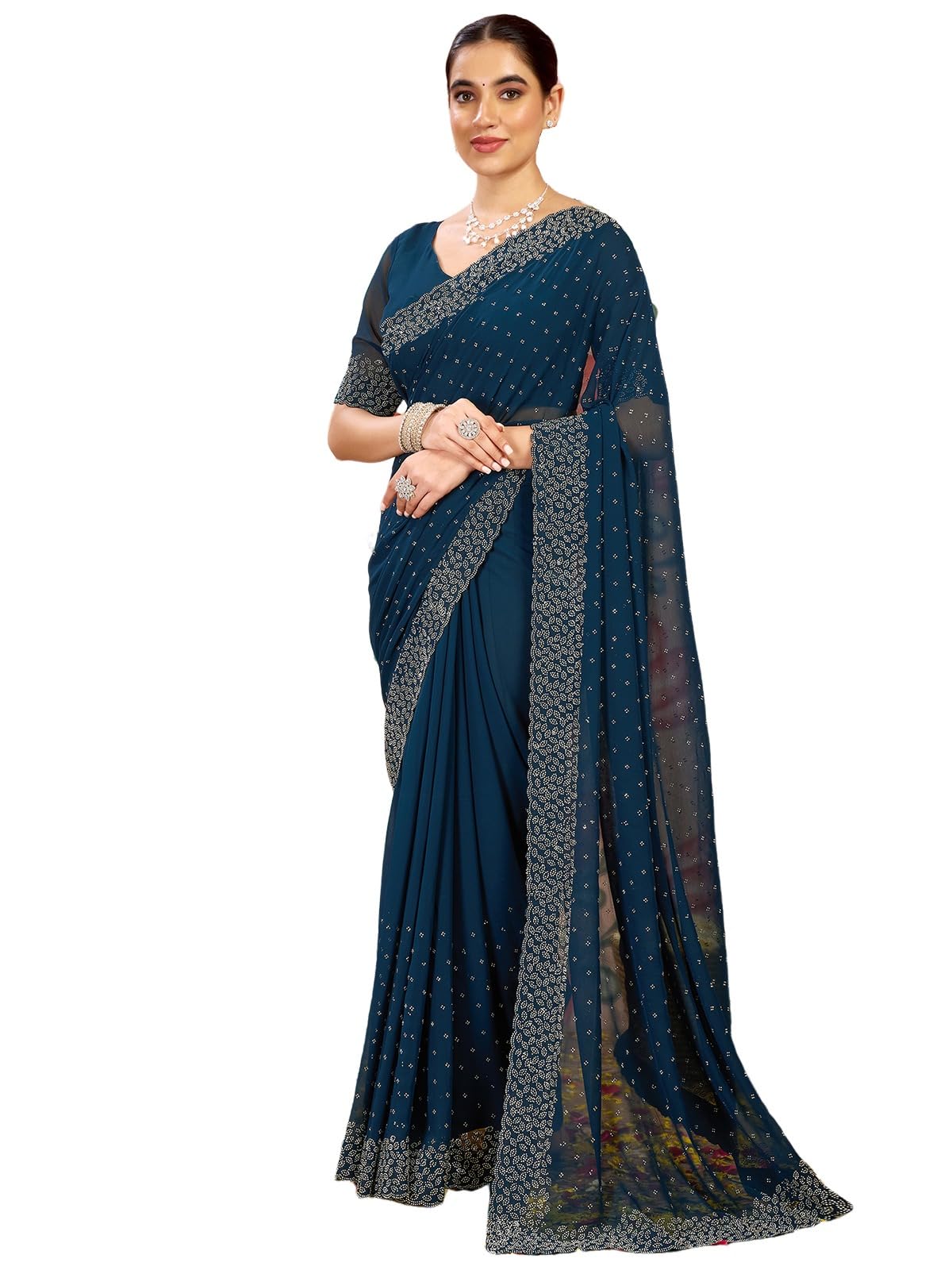 Satrani Women's Georgette Stone Work Saree With Unstitched Blouse Piece (4085S187N_Rama Blue2)
