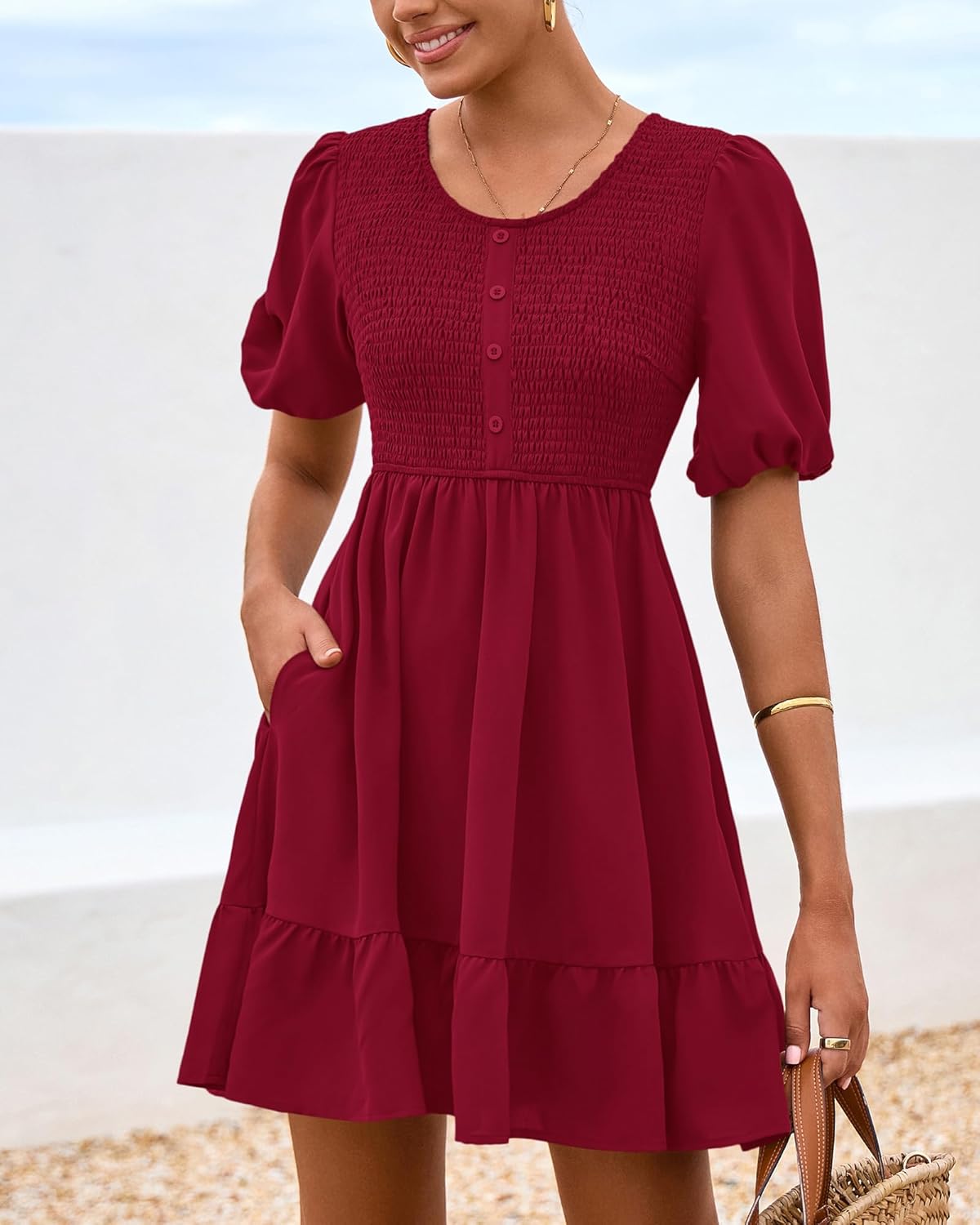 BTFBM Spring Empire Waist Dress for Women 2025 Summer Smocked Crewneck Puff Short Sleeve Beach Vacation Mini Dresses - Image 4