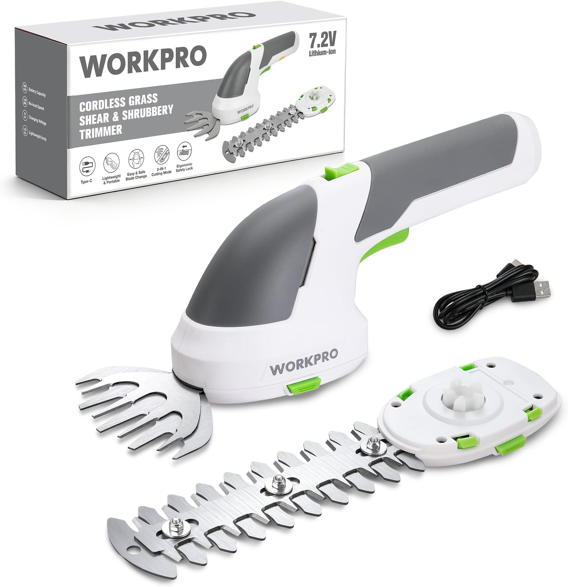Cordless Grass Shear & Shrubbery Trimmer - 2 in 1 Handheld Hedge Trimmer 7.2V Electric Grass Trimmer Hedge Shears/Grass Cutter Rechargeable Lithium-Ion Battery and Type-C Cable Included