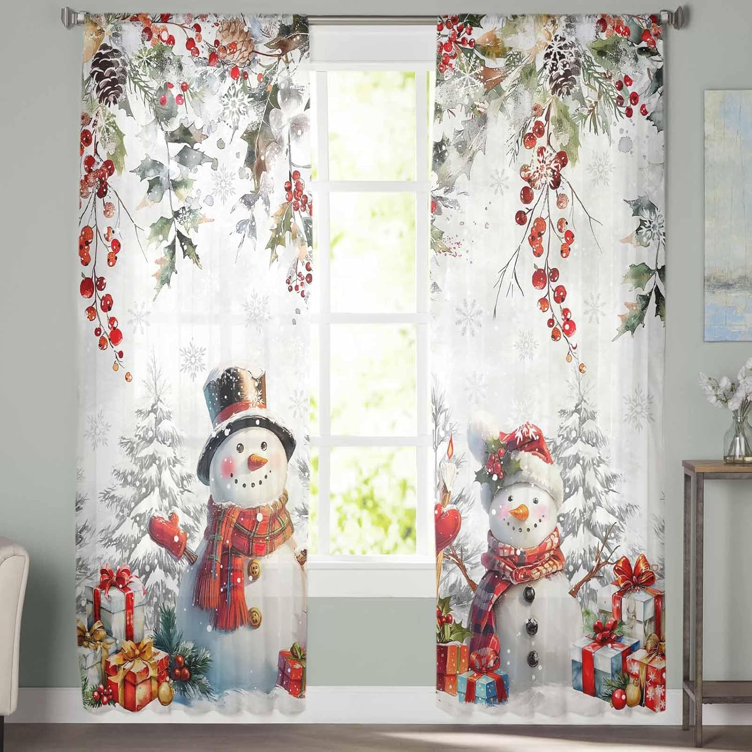 Christmas Snowman Semi Sheer Curtains 72 Inch Long, Winter Holly Fruit Berry Pine Leaves Snowflakes Window Treatments Curtains,Light Filter Curtains Rod Pocket Drapes for Living Room Bedroom,2 Panels