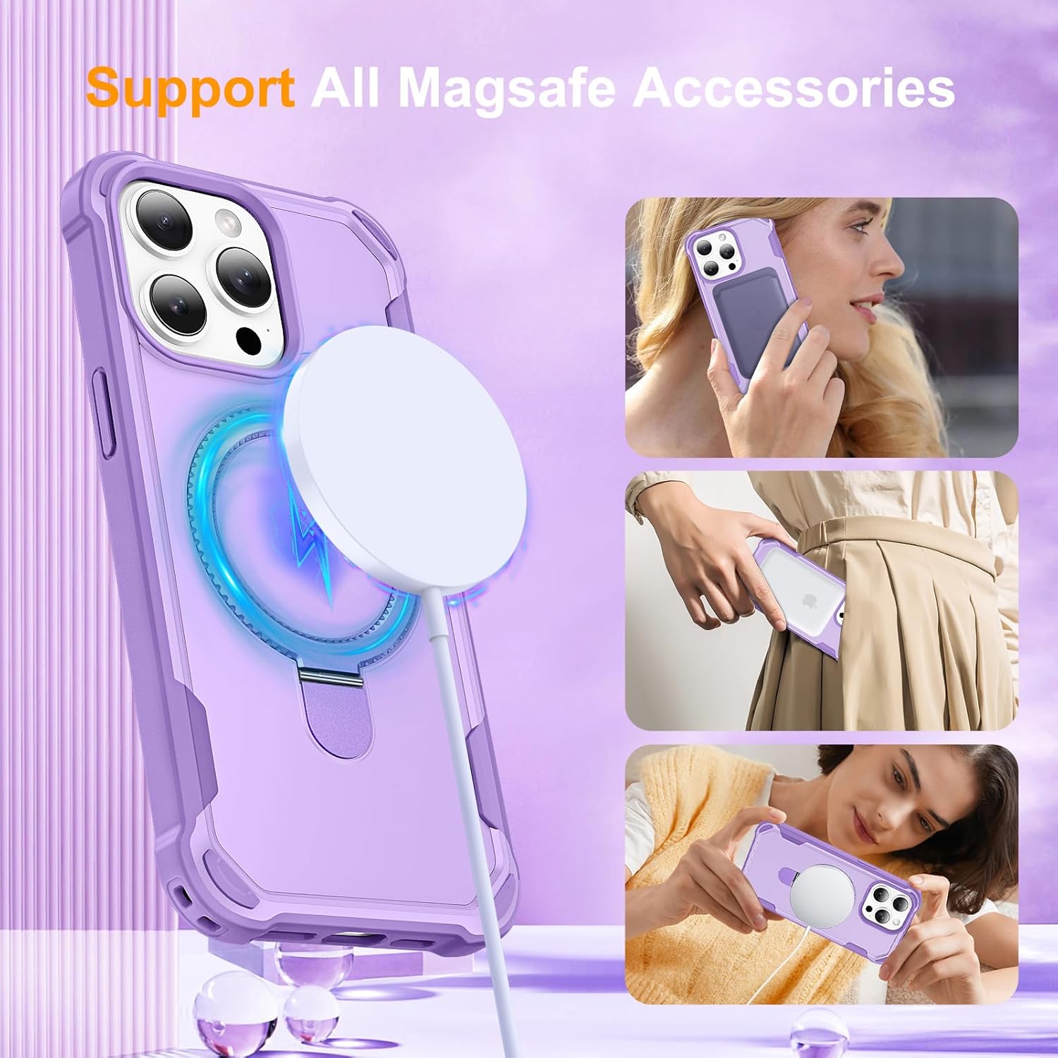 Compatible with iPhone 15 Pro max Case with Invisible Magnetic Ring Stand [Compatible with Magnetic] [Military Drop Protection] Shockproof Hard Back Soft Edge Promax Case 6.7 Inch, Purple - Image 6