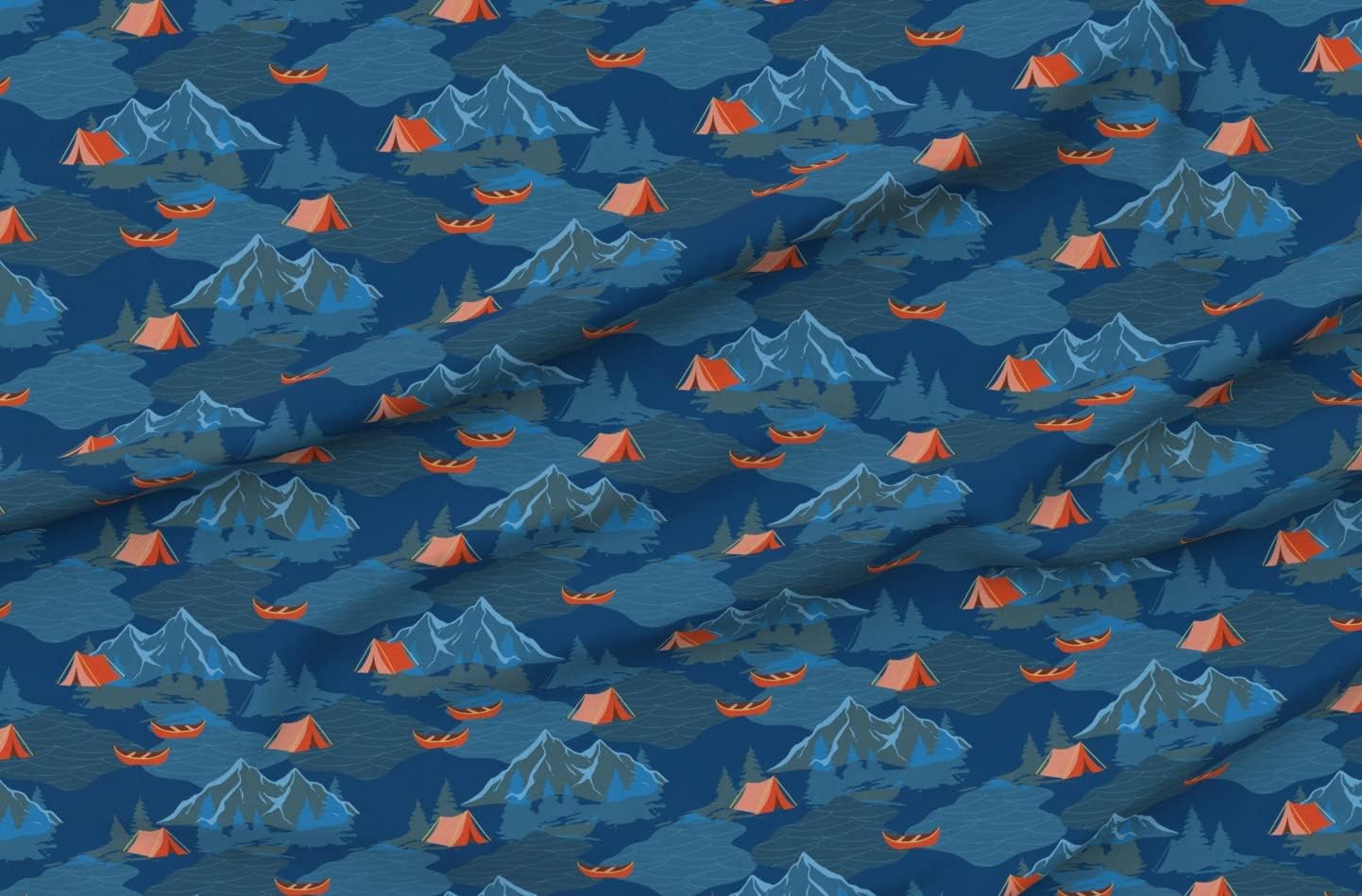 Spoonflower Fabric - Blue Mountains Lake Orange Forest Holidays Fishing Camping Printed on Petal Signature Cotton Fabric Fat Quarter - Sewing Quilting Apparel Crafts Decor