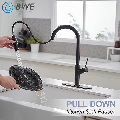 Miniatura 6 de BWE Grifos de cocina con rociador desplegable de 2 funciones de arco alto negro mate grifo de fregadero de cocina de latón de una sola manija con