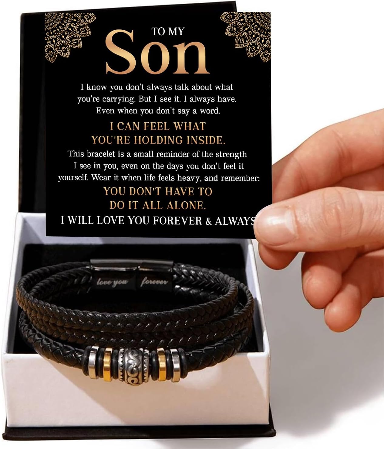 To My Son Bracelet – Love You Forever Braided Leather Bracelet, Meaningful Son Gift from Mom and Dad with Heartfelt Message Card & Elegant Gift Box for Birthday, Graduation, Christmas