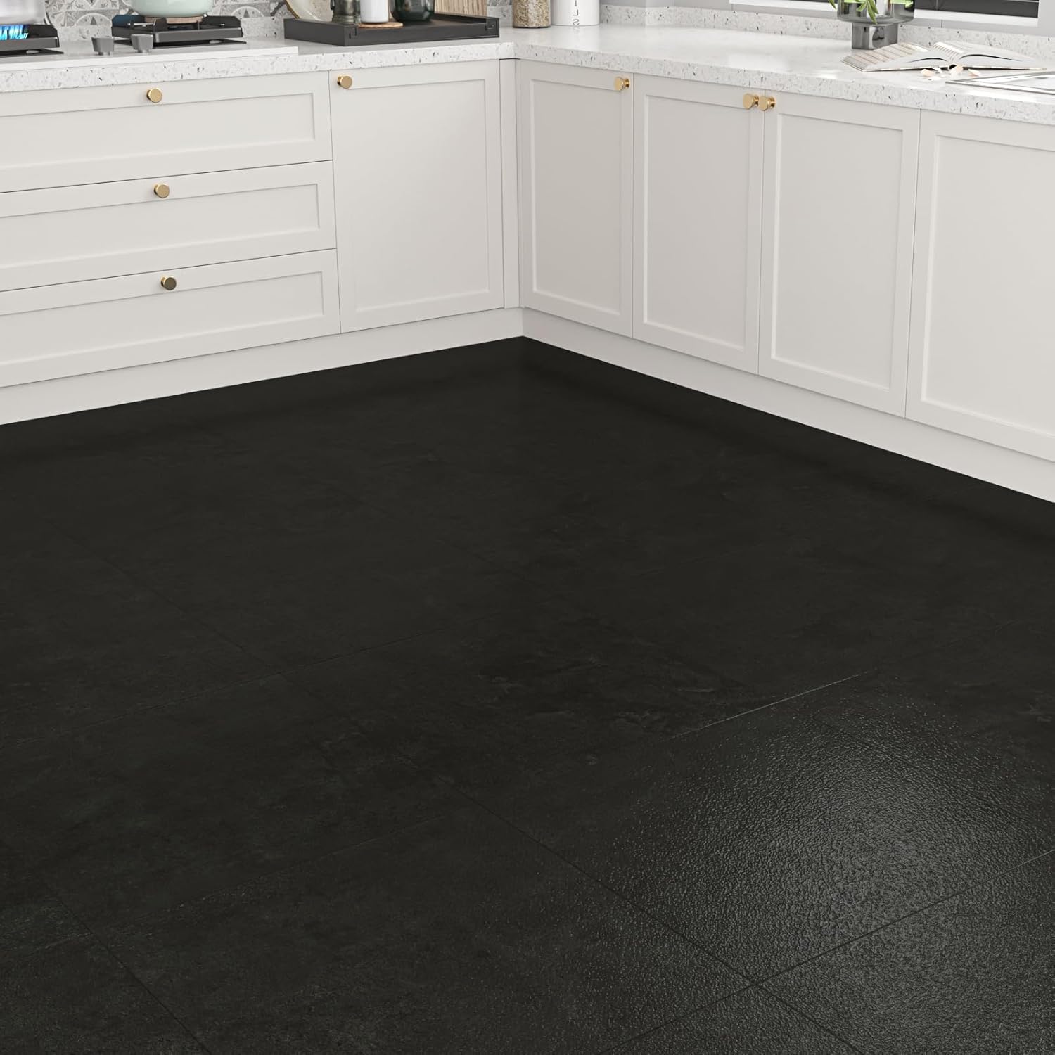 16 Pack Black Granite Peel and Stick Floor Tiles Waterproof Charcoal Black Laminate Vinyl Flooring Removable Dark Marble Stick on Flooring Tiles for Bathroom Kitchen Floor Stickers 12 x 12