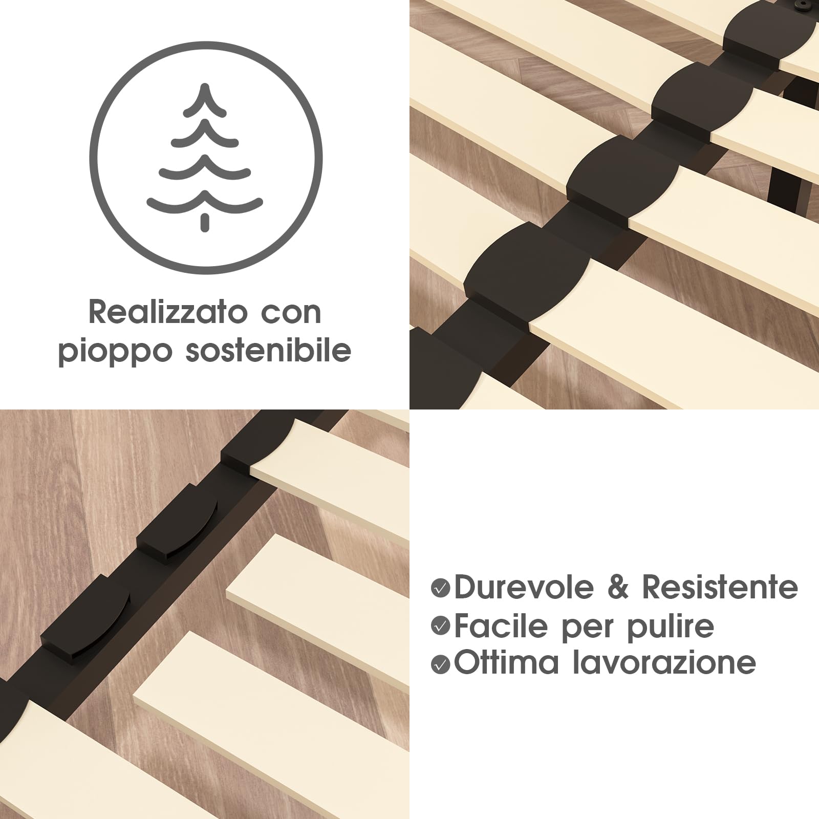 TEENO Rete Letto Matrimoniale 160x190 a Doghe in Legno,con 9 Gambe e 2x14 File di Doghe,Alto Sotto Letto 32 cm per Ampio Spazio di Archiviazione,Adatta a Tutti i Tipi di Materassi,Stile Moderno