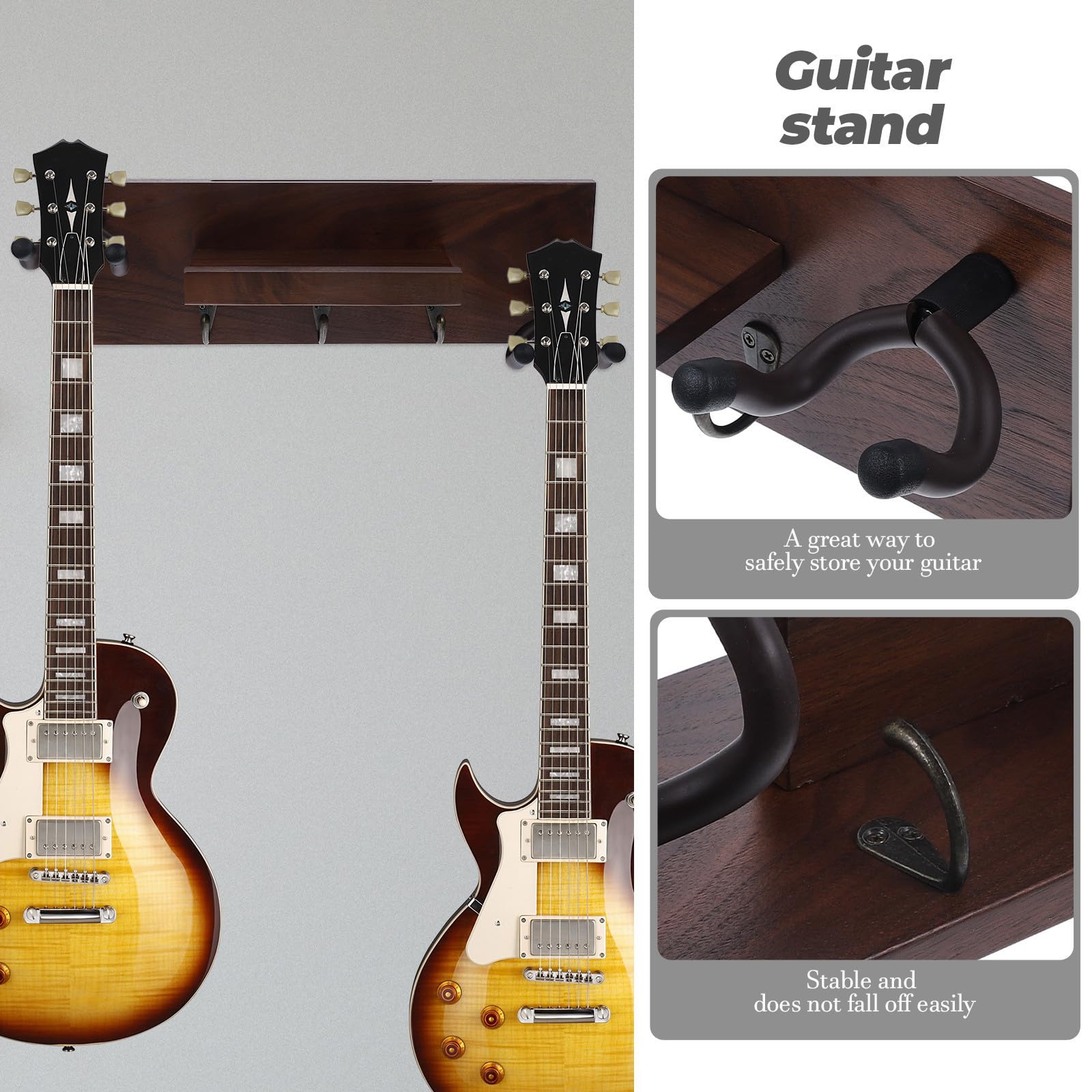 ifundom Supporto per Chitarra da Muro 4 in 1 Gancio per Chitarra Legno e Metallo per 2 Chitarre e Ukulele