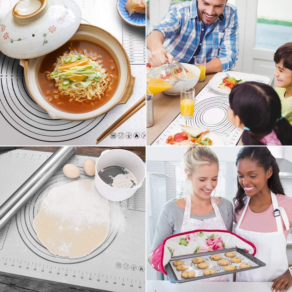 Rouleau à Pâtisserie Antidérapant en acier Inoxydable pour la Cuisson avec Tapis de Cuisson en Silicone et Grattoir, Anneaux D'épaisseur Réglables Amovibles, Accessoires de Cuisson