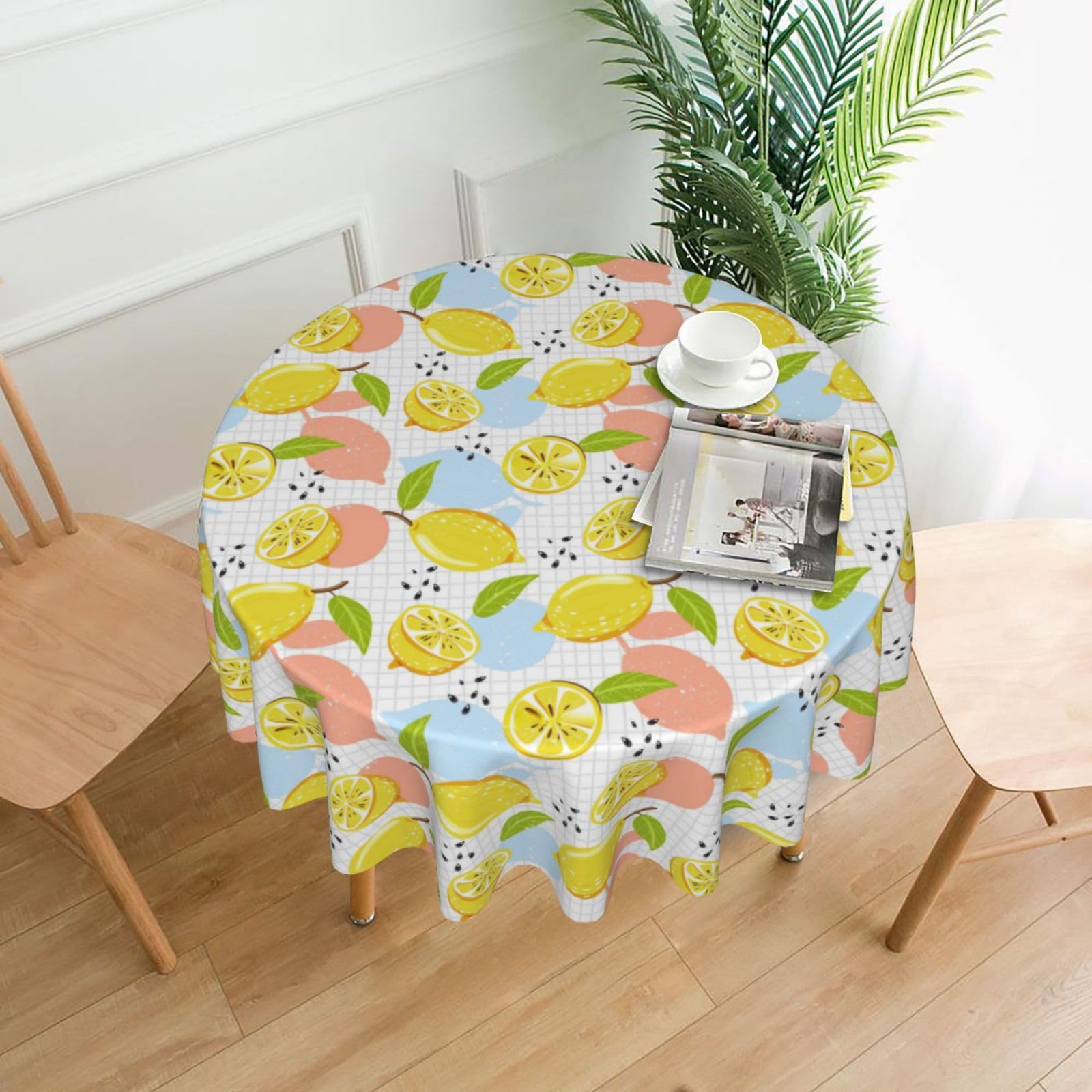 Nbtghga Fruits Lemon Print Tablecloth Round Border Table Cloth Cover Decorative For Party Holiday Dinning Tabletop Home