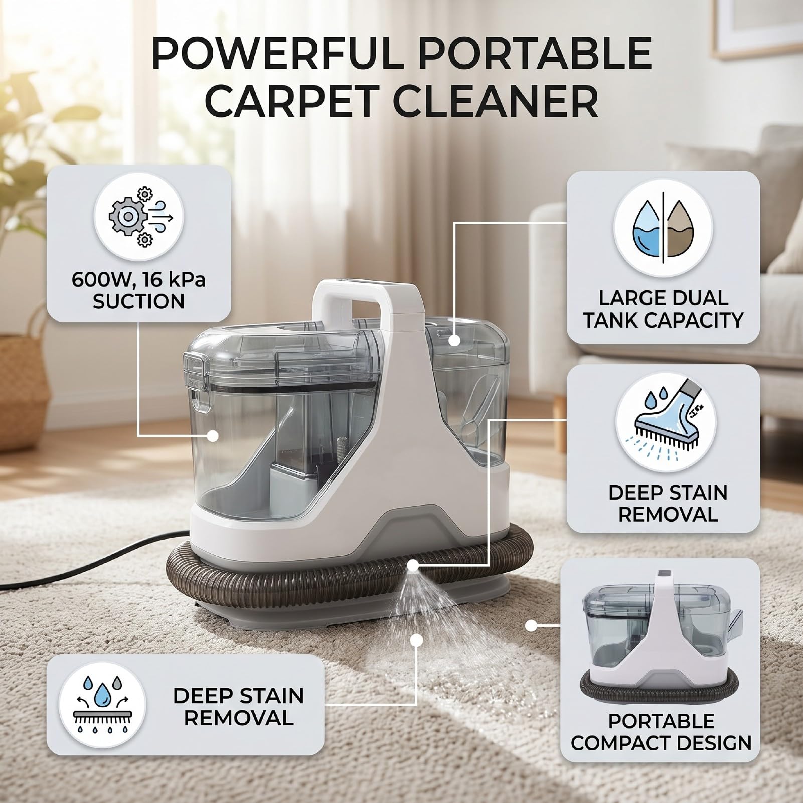 Fafeicy Limpiador de Manchas Portátil, Máquina de Limpieza de Alfombras de Succión Fuerte de 600 W, 16 Kpa, con Tanque Sucio de 1,1 L y Manguera de 6 Pies para Suciedad Rápida de