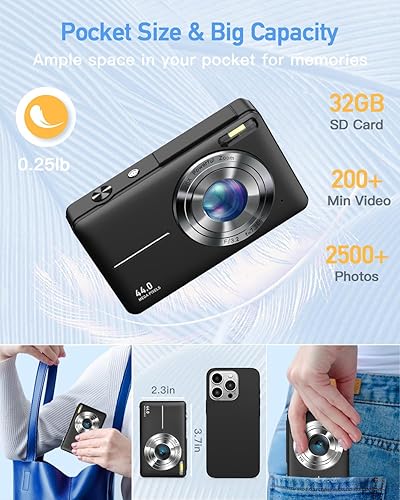 Vista 5 de Cámara digital para niños, cámara digital 1080P FHD 44MP para apuntar y disparar para fotos con tarjeta de 32 GB, zoom 16X, cámara compacta regalos
